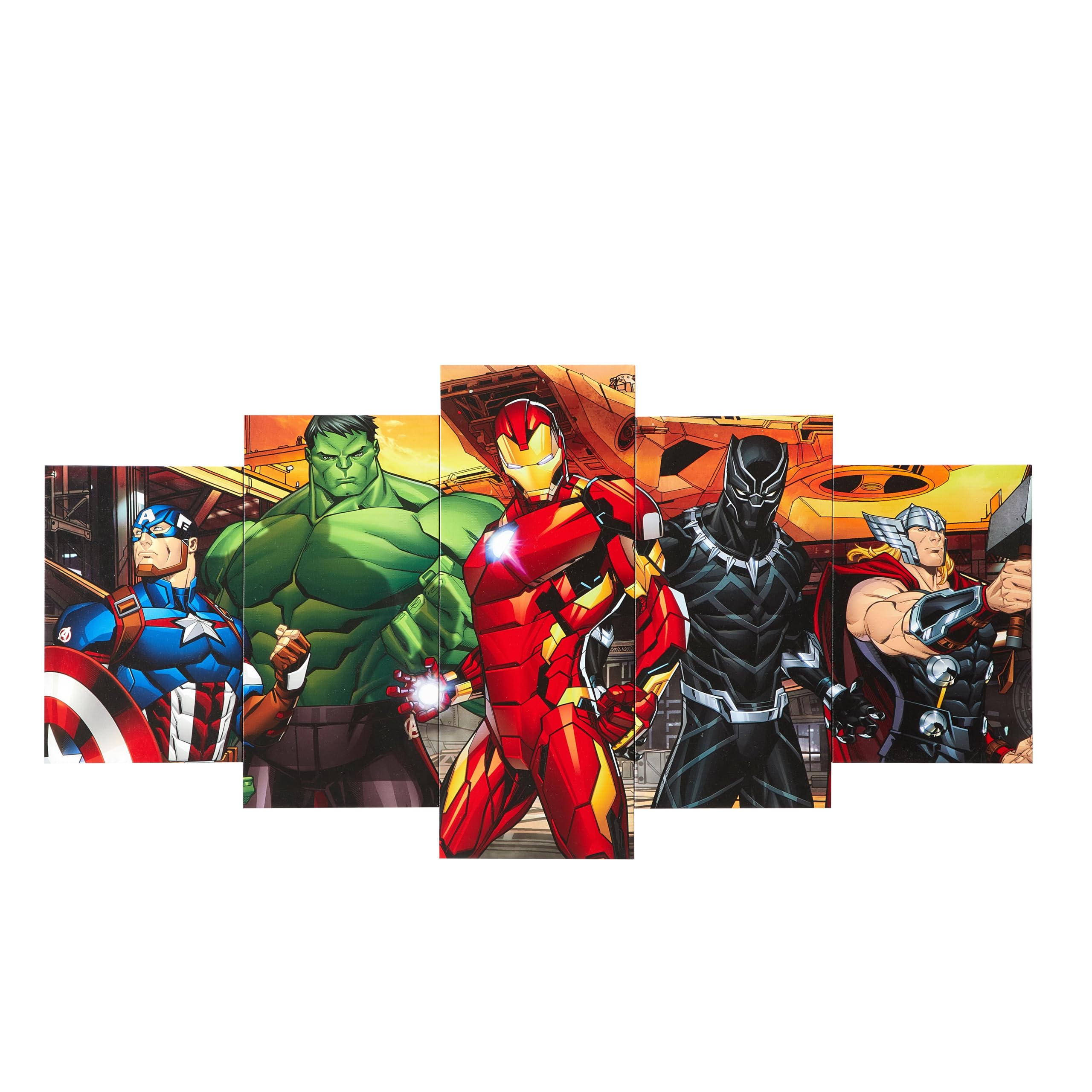 Idea Nuova Marvel Avengers Captain America, Hulk, Iron Man, Black Panther And Thor 5 Piece Canvas Printed Wall Art Dcor Set, Ove