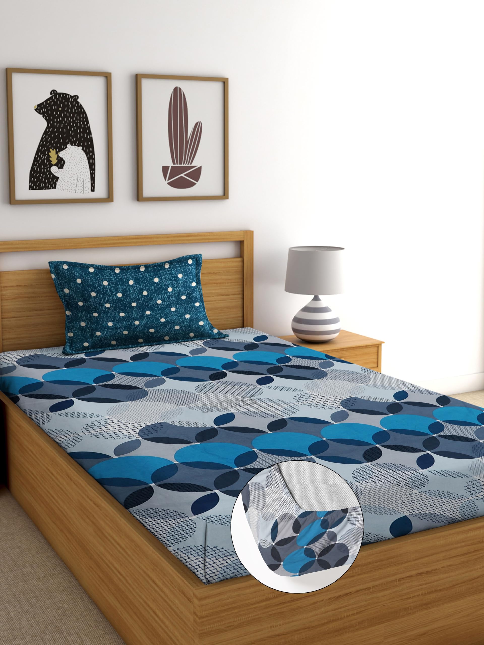 Shomes Elastic Fitted Geometric Bedsheet With 1 Large Size Pillow Cover|Single Bed With All Around Elastic,Size 72 X 36 X 8 Inch