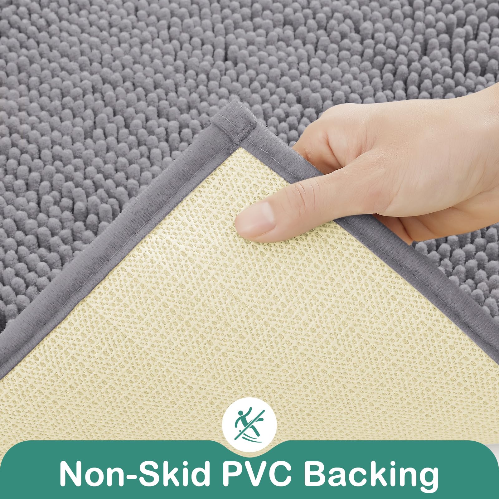 Homeideas Bathroom Rugs Set 2 Pieces, Ultra Soft Non Slip Absorbent Chenille Toilet Bath Mat Set (Grey)