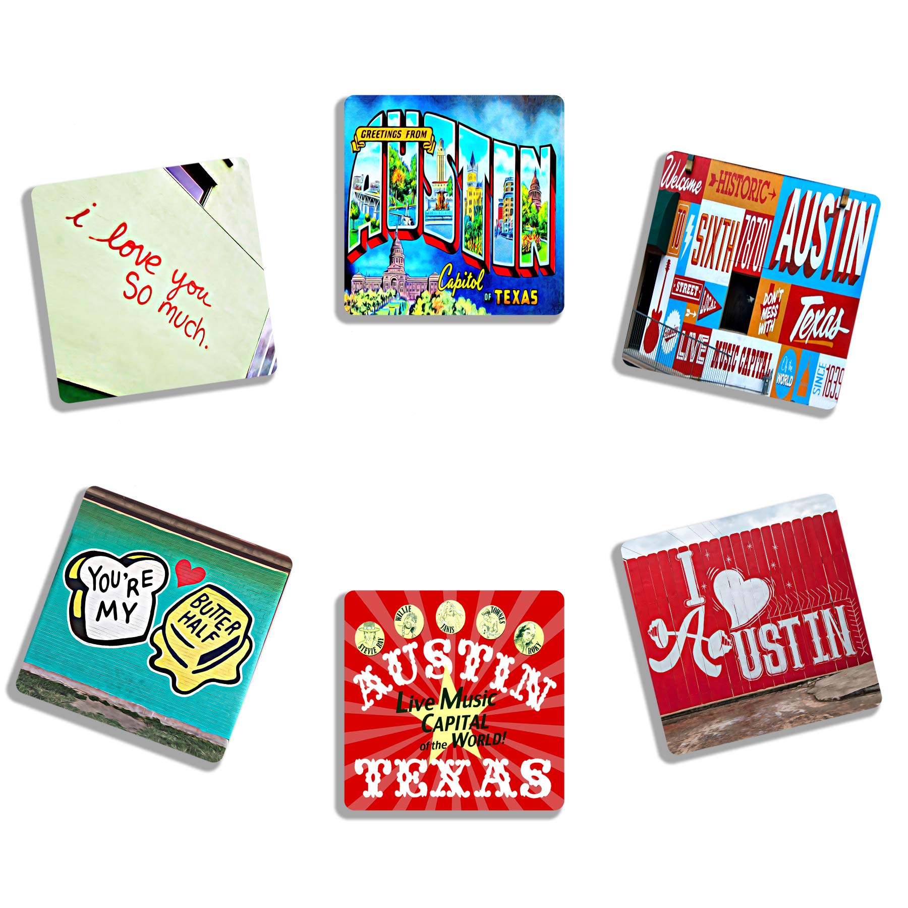 Exit82Art - Rubber Drink Coasters (Set Of 6). Austin, Texas Street Murals. Absorbent. Dishwasher Safe.