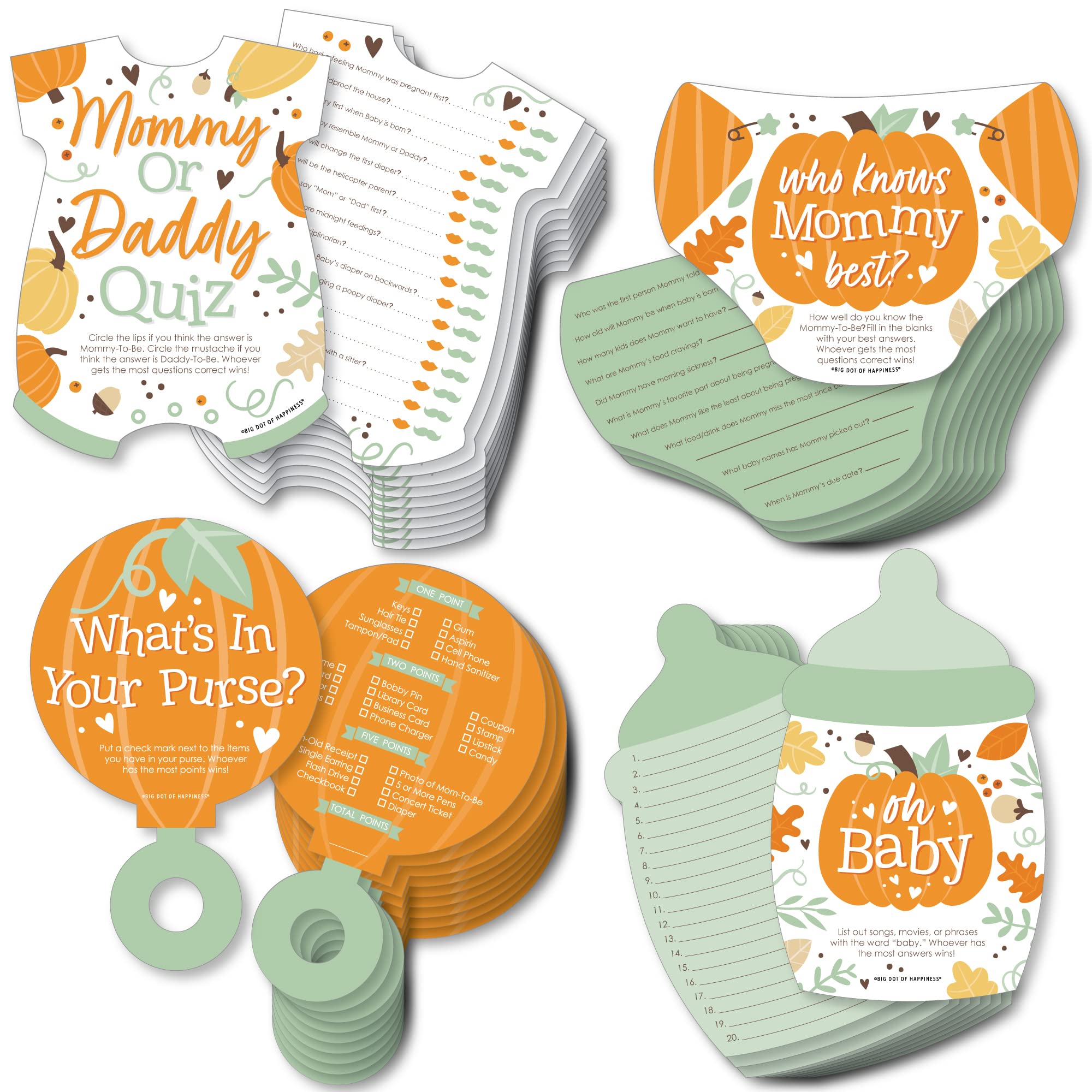 Big Dot Of Happiness Little Pumpkin Decorations, 4 Fall Baby Shower Games, 10 Cards Each - Who Knows Mommy Best, Mommy Or Daddy