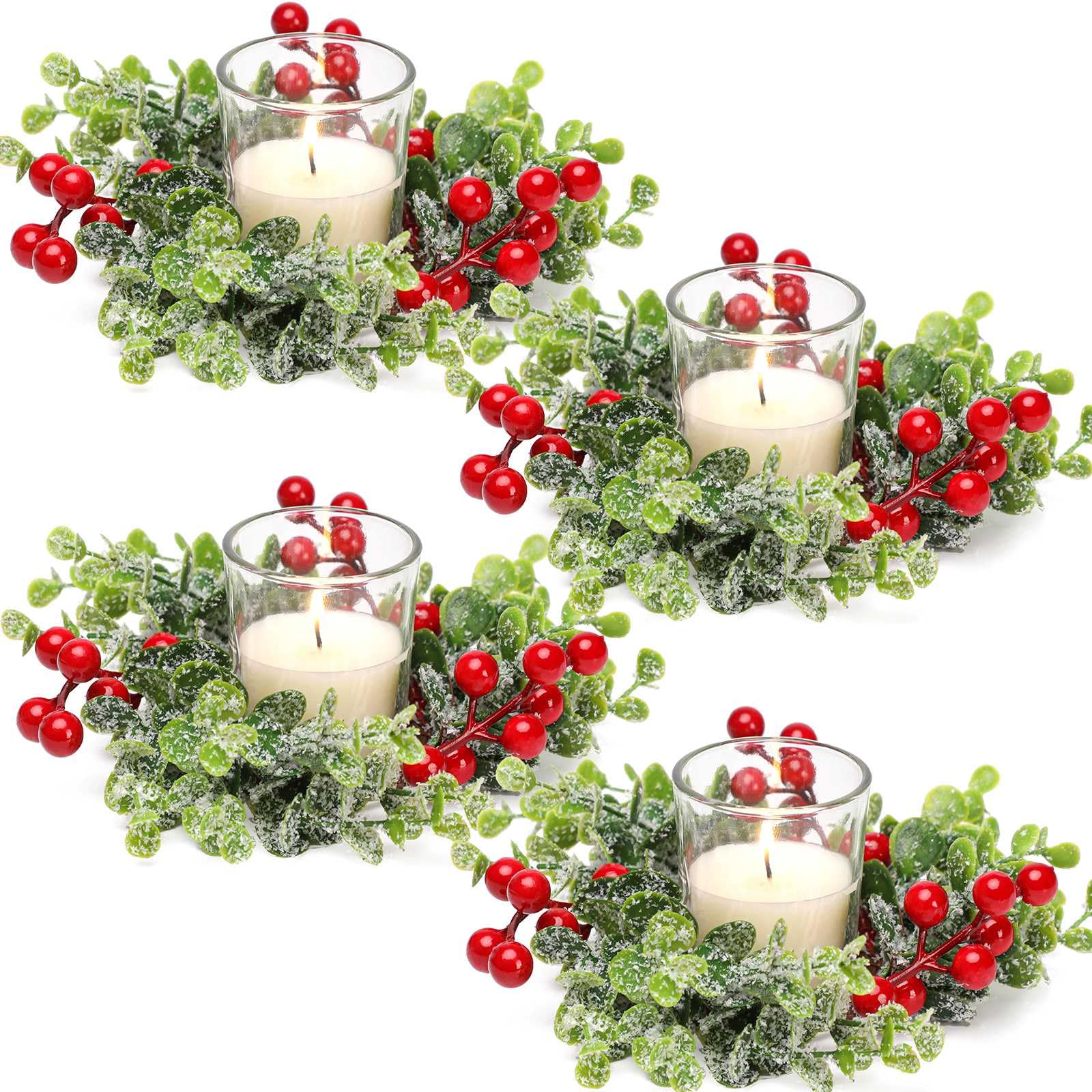 Christmas Candle Ring, 4 Pcs Clear Votive Candles with Red Berry Xmas Candle Ring Wreath for Christmas Table Centerpiece Decorat