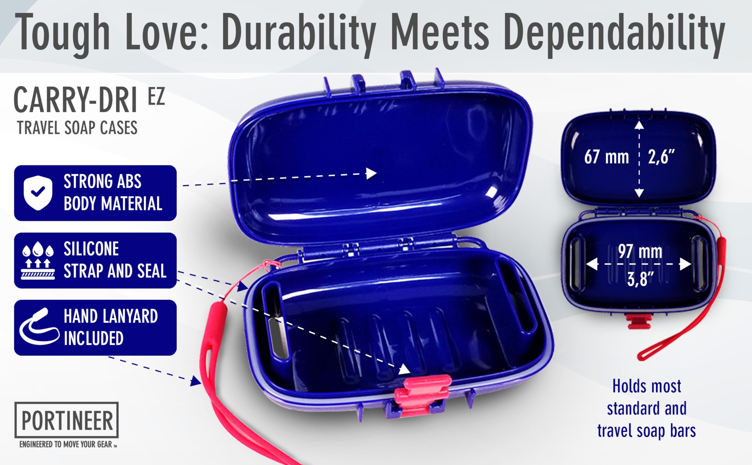 Carry-Dri EZ Travel Soap Container by PORTINEER - Soap Bar Case Lets Soap Dry with Lanyard  Silicone Closure  Soap Holder Travel  Leakproof Soap Box with Patented Vents  Travel Soap Dish  Blue-Grey