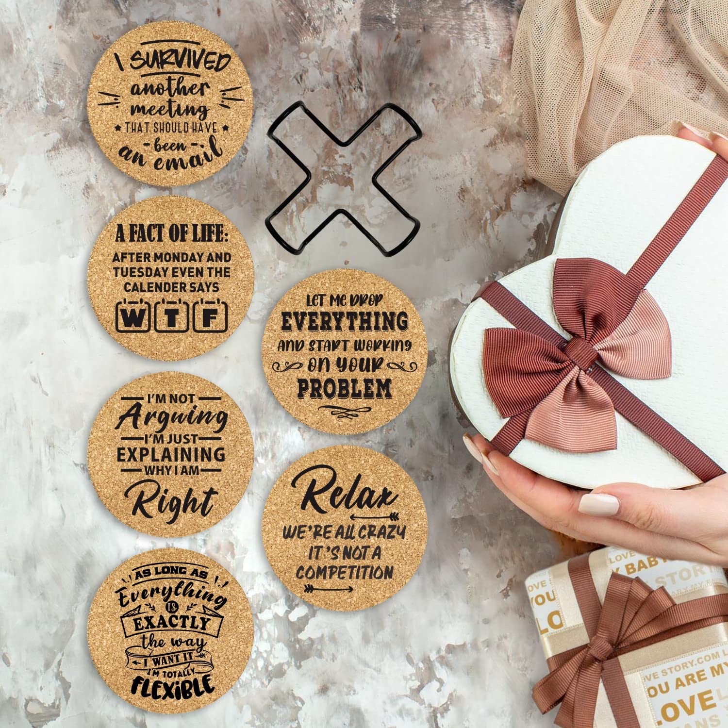 Homythe Office Coasters Set - 6 Pcs Funny Cork Drink Coasters with Metal Holder, 4x4 inch, Ideal Gifts for Coworkers & Boss