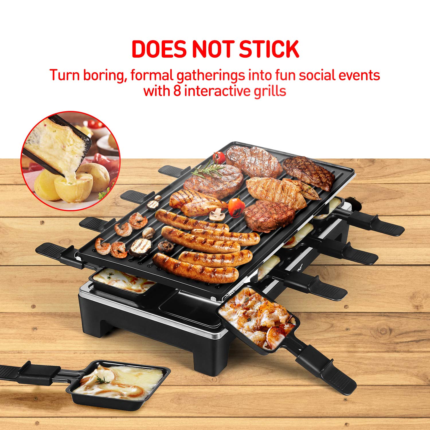Raclette Grill  Techwood Electric Table Indoor Grill Korean BBQ Grill  Removable 2-in-1 Non-Stick Grill Plate  1500W Fast Heating with 8 Cheese Melt Pans  Ideal for Parties and Family Fun