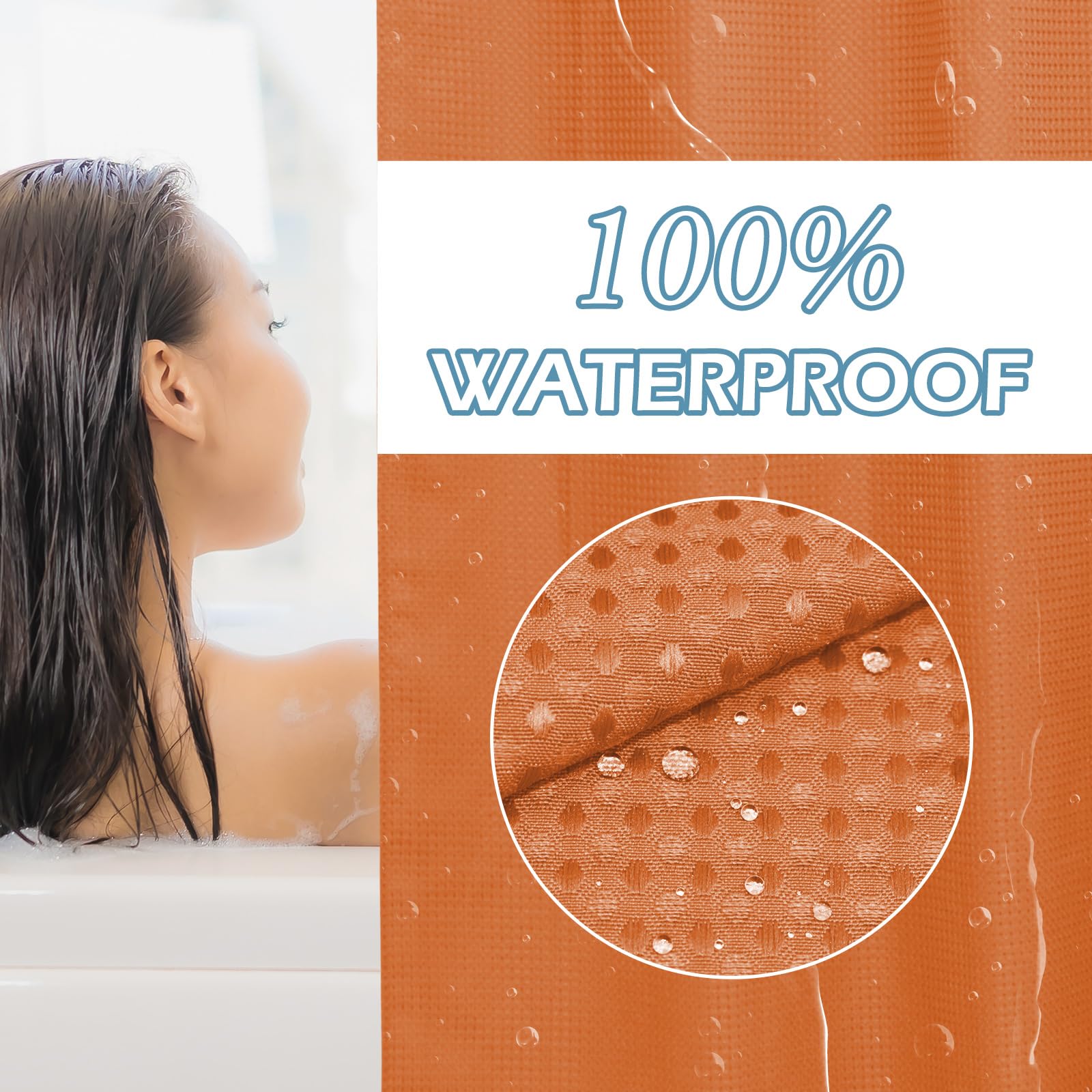 Eutxl Burnt Orange Long No Hook Shower Curtain With Snap In Liner,230Gsm Waffle Weave Shower Curtains For Bathroom,71W X 86H