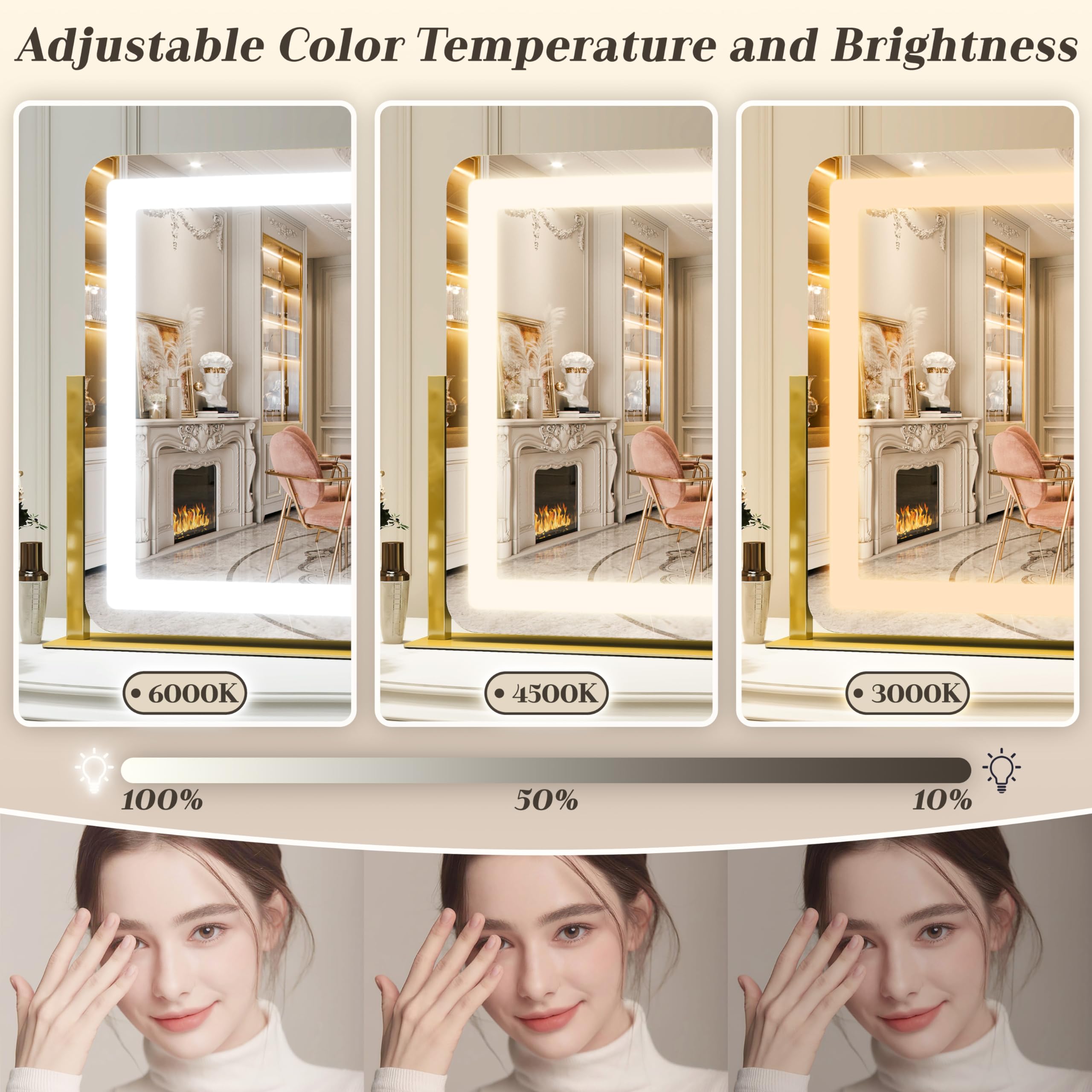 Rolove Gold Vanity Mirror With Lights - Smart Touch Dimming, 3-Color Lighting, 360 Rotatable Desktop Makeup Mirror For Desk, 22X