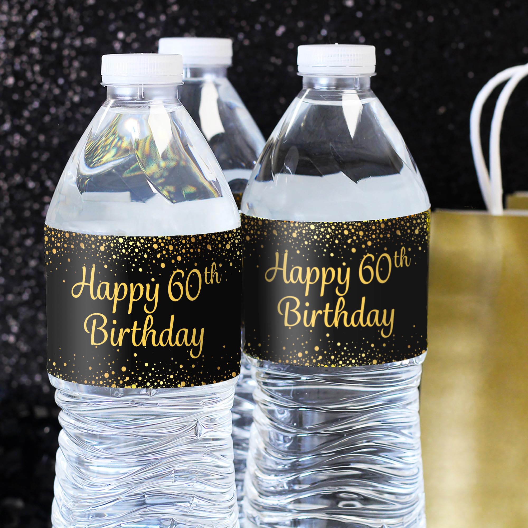 Black And Gold 60Th Birthday Party Water Bottle Labels - 24 Stickers