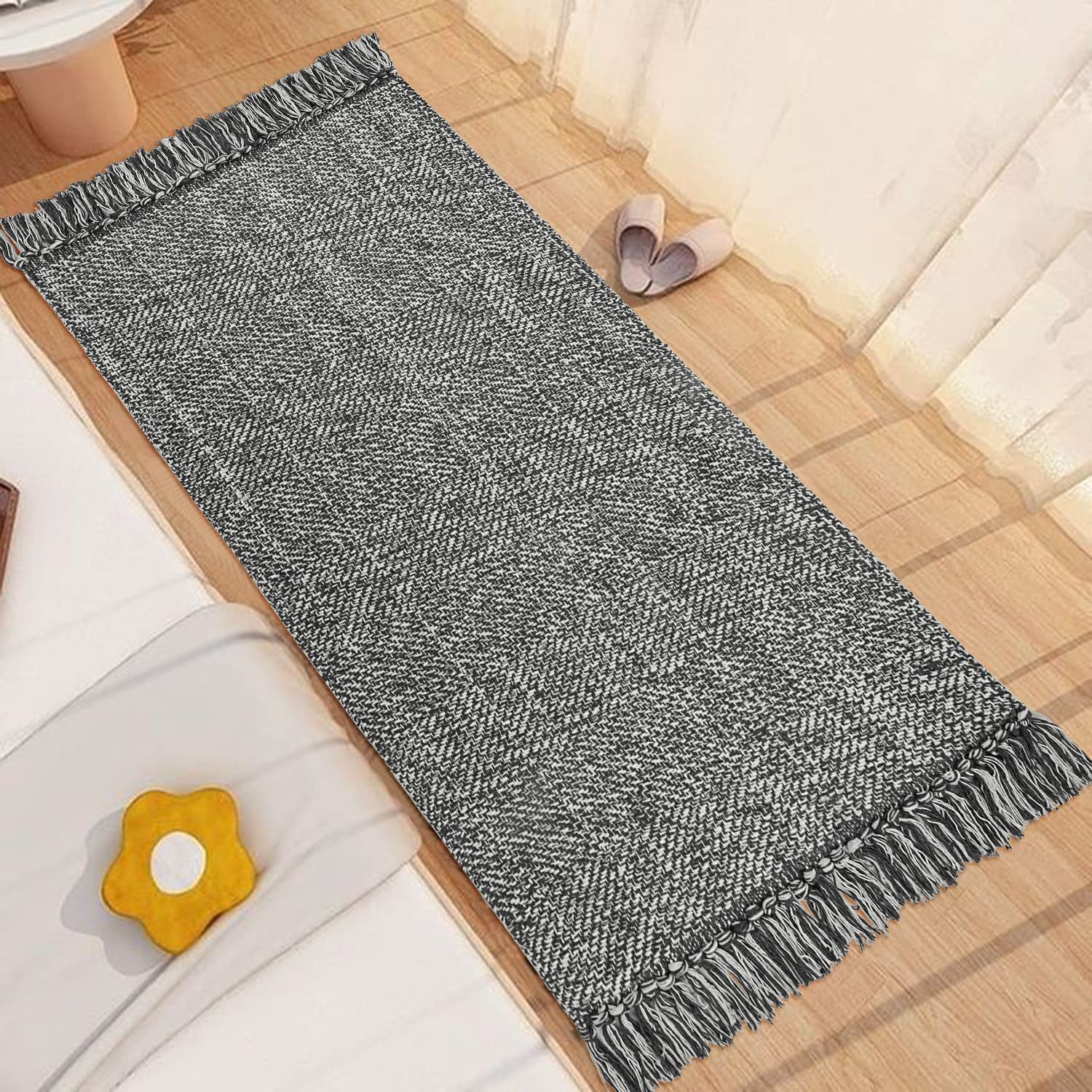 Collive Kitchen Runner Rug, 2 X 43 Hand-Woven Reversible Washable Rug, Grey Cotton Modern Farmhouse Bathroom Rug Hallway Carpet