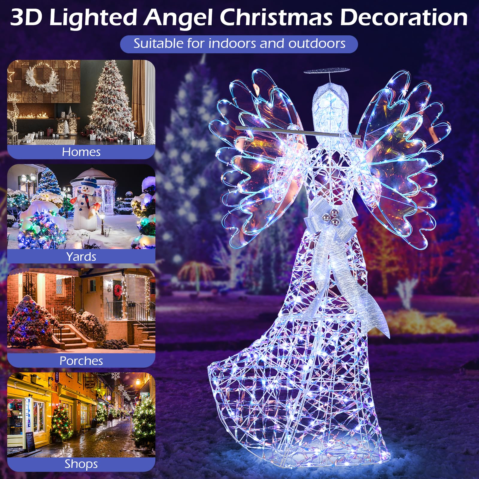 Tangkula 5.2 FT Christmas Lighted Iridescent Angel, 3D Glittering Halo Angel with Flute, Zip Ties and Ground Stakes, Xmas Holida