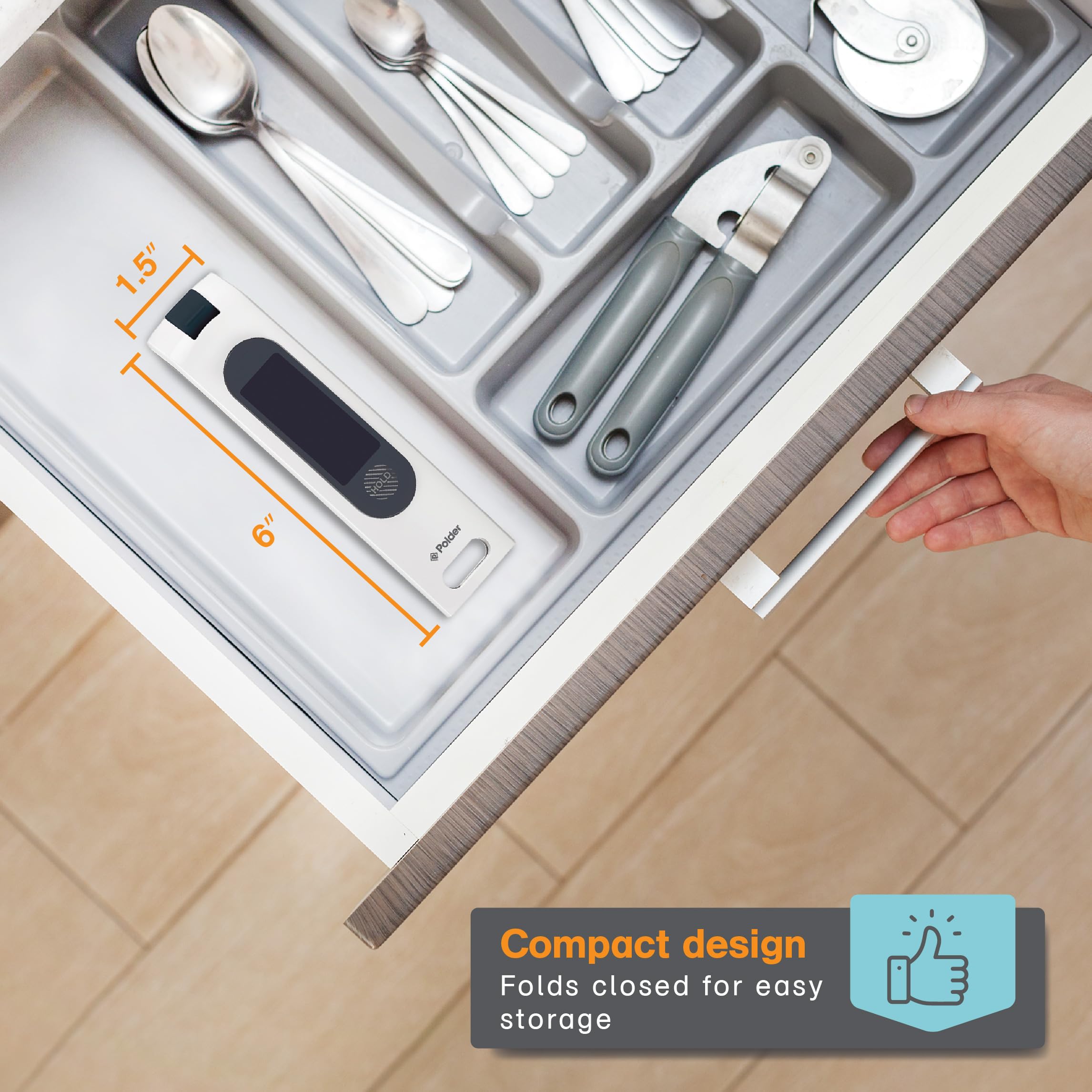 Polder Sous Chef Rapid Read Thermometer, Digital Thermometer For Cooking, Food Thermometer With Folding Probe, Intuitive Cooking