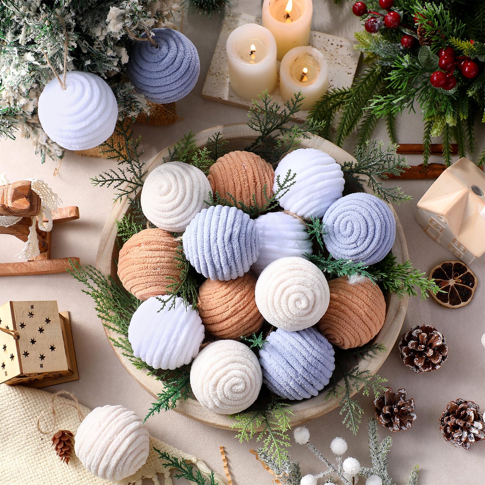 16 Pcs 2.36 Inches Boho Christmas Balls Ornaments Modern Farmhouse Jute Rope Hanging Balls Burlap Neutral Christmas Tree Ornamen