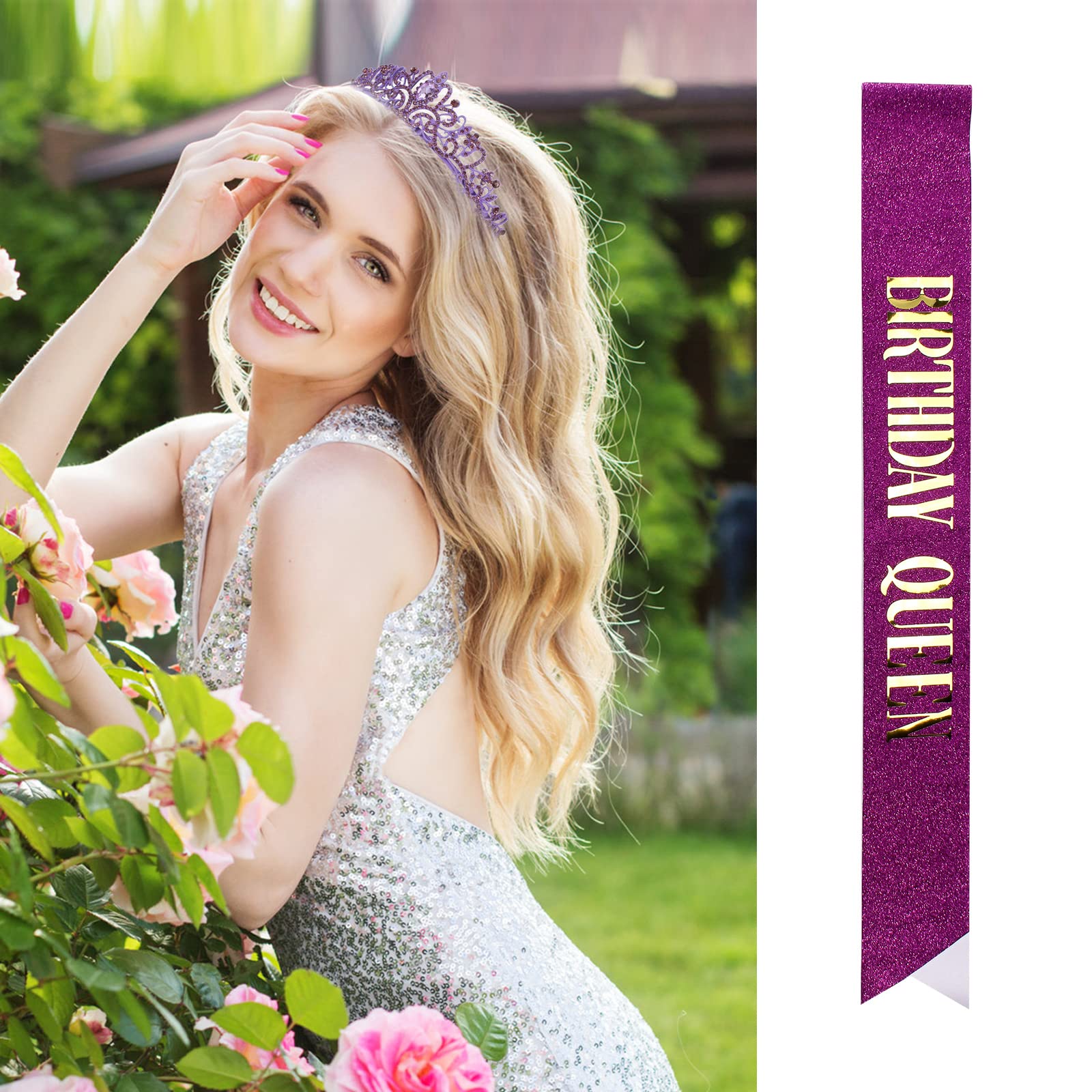 Velscrun Happy Birthday Queen Violets Tiara Crowns For Women, Birthday Girl Sash, Party Favors & Decorations