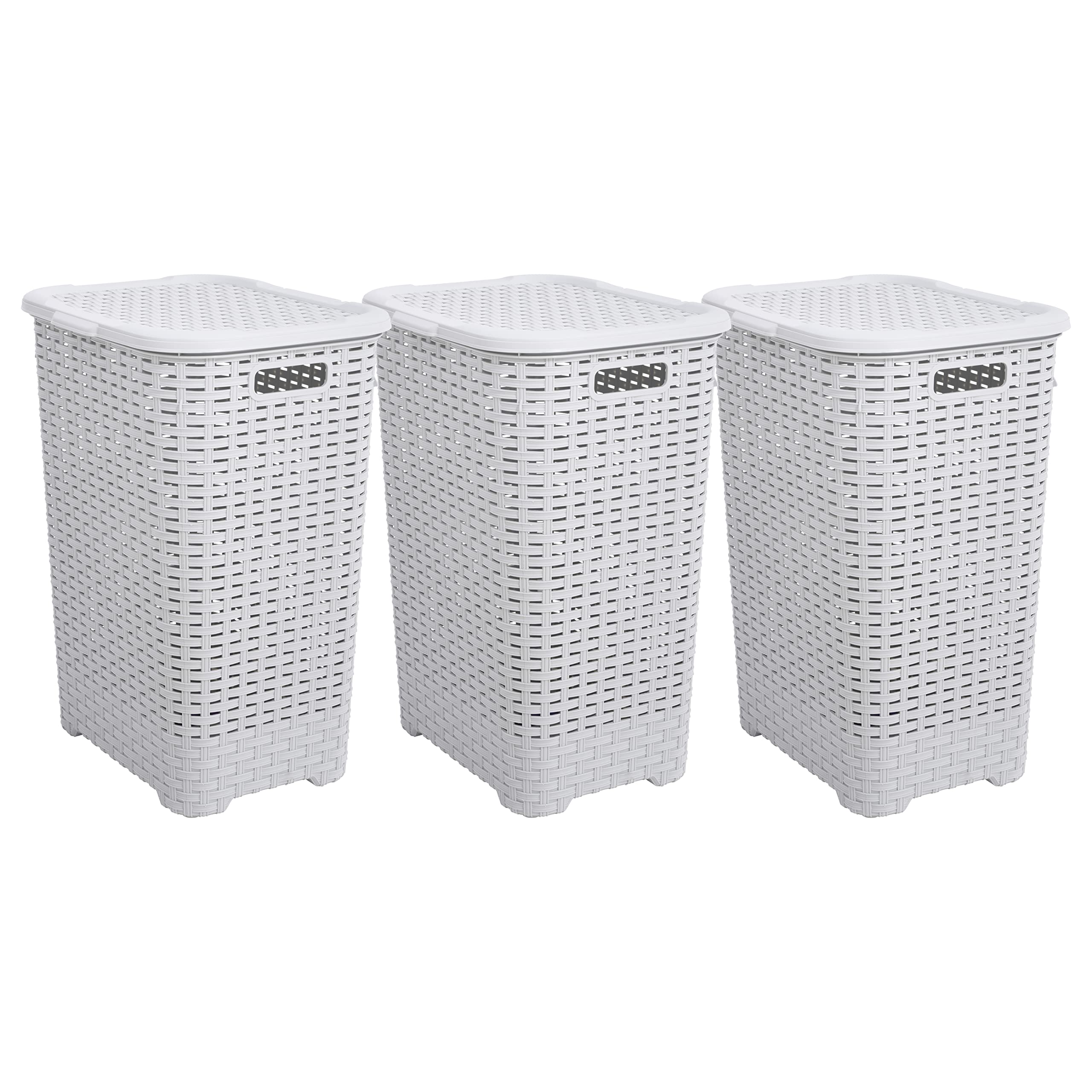 Plastic Laundry Hamper With Lid 3 Pack Laundry Hamper Basket, White Smoke Tall Cloths Hamper Organizer With Cut-Out Handles. Spa