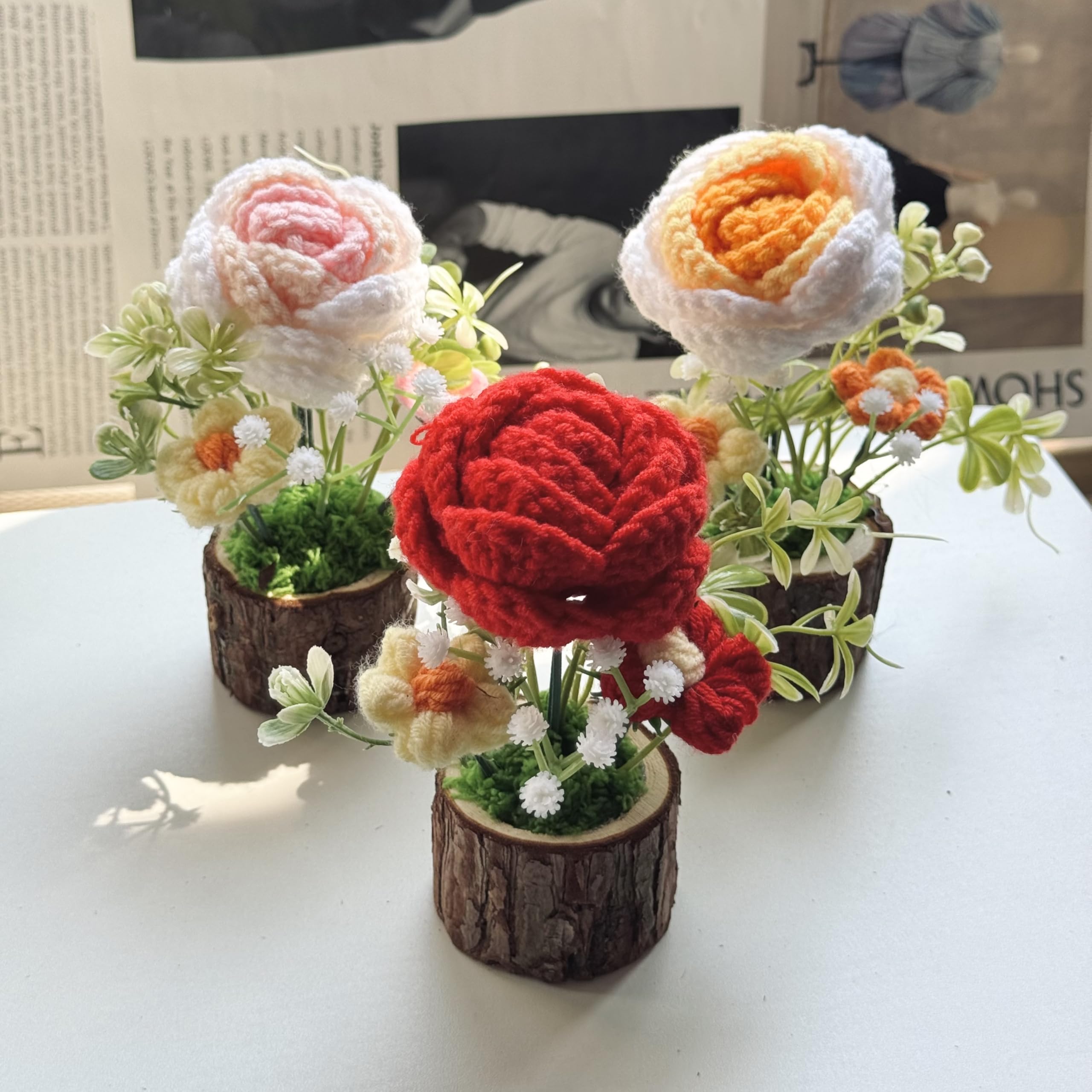 Tileafry Handmade Crochet Rose Bouquet Knitted Creative Potted Plant Cute Home Desktop Decorations and Gifts for Friends, Lovers