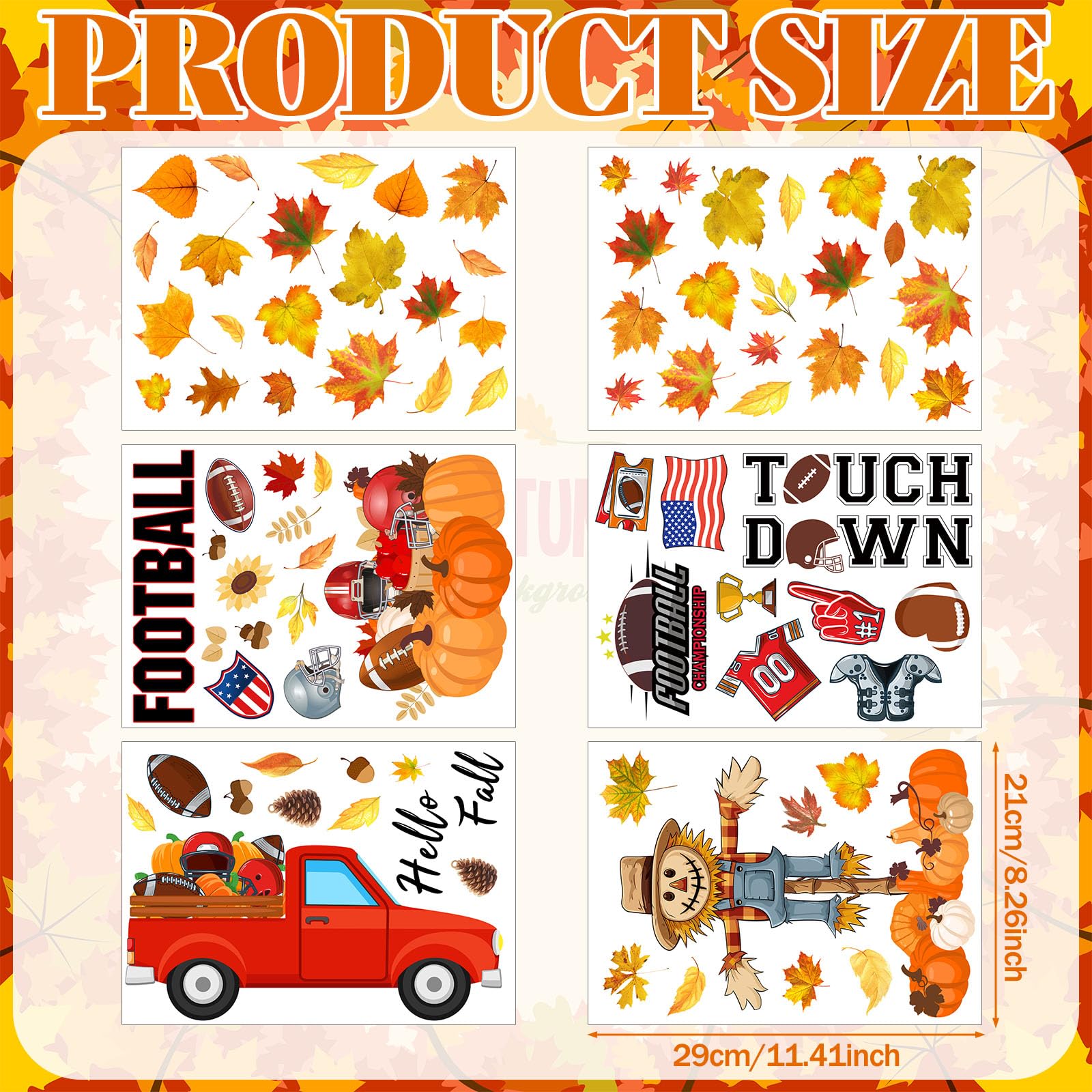 Fullhawl 6 Sheet Thanksgiving Wall Decals Thanksgiving Pumpkin Maple Leaf Truck Wall Decals Fall Football Stickers for Fall Foot
