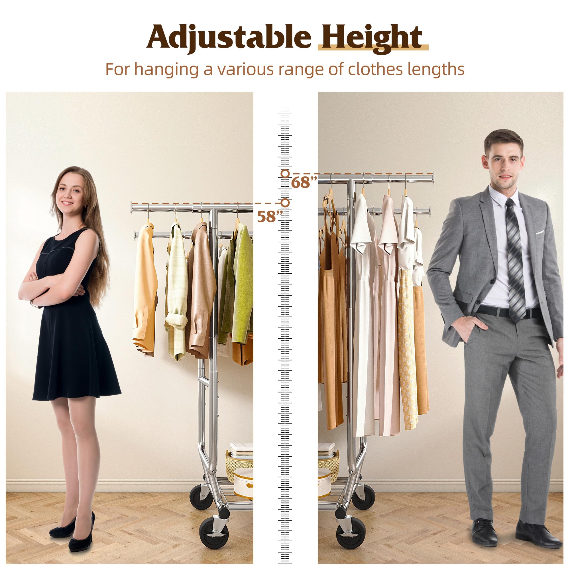 Raybee Clothes Rack Heavy Duty Holds 610LBS Rolling Clothing Racks for Hanging Clothes Portable Clothes Rack Metal Clothing Rack with Wheels Collapsible & Commercial Garment Rack Heavy Duty