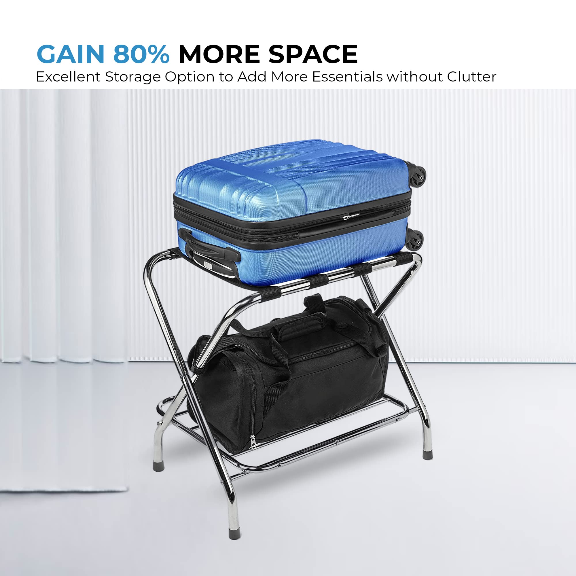 Ustech Luggage Rack, Foldable Suitcase Stand, Set Of 2, Metal Luggage Holders For Guest Room With Extra Shelf, Foldable Steel Fr