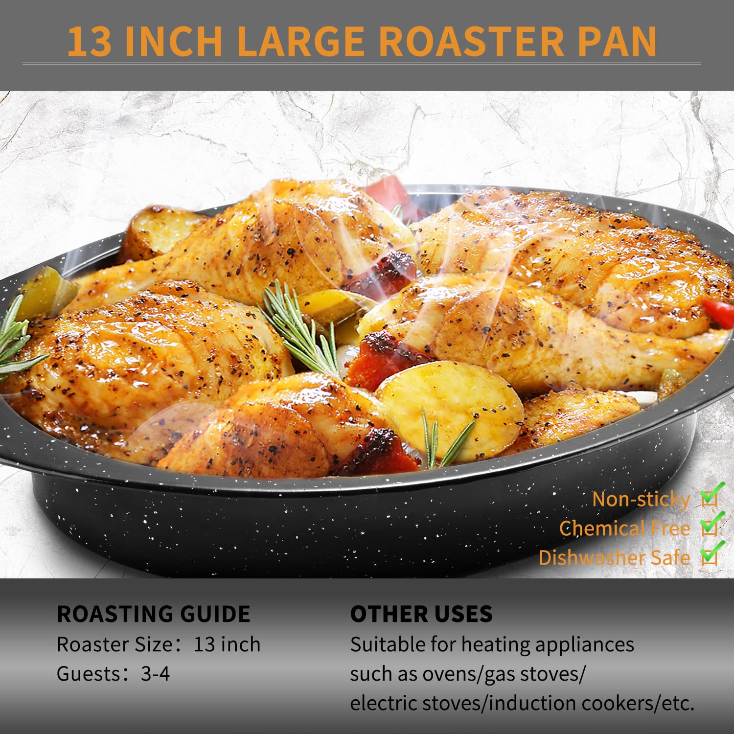 Jy Cookment Granite Roaster Pan, Small 13    Enameled Roasting Pan With Domed Lid. Oval Turkey Roaster Pot, Broiler Pan Great Fo