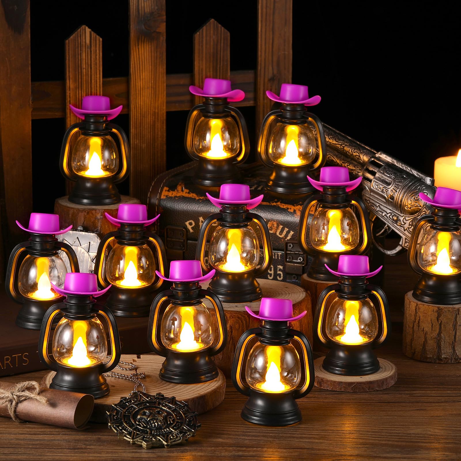 ROCEEI 12 Pieces Cowboy Hats Mini Lantern Western Cowgirl Small Lantern Decoration Retro Tiny Lamp with LED Candle Hanging Table