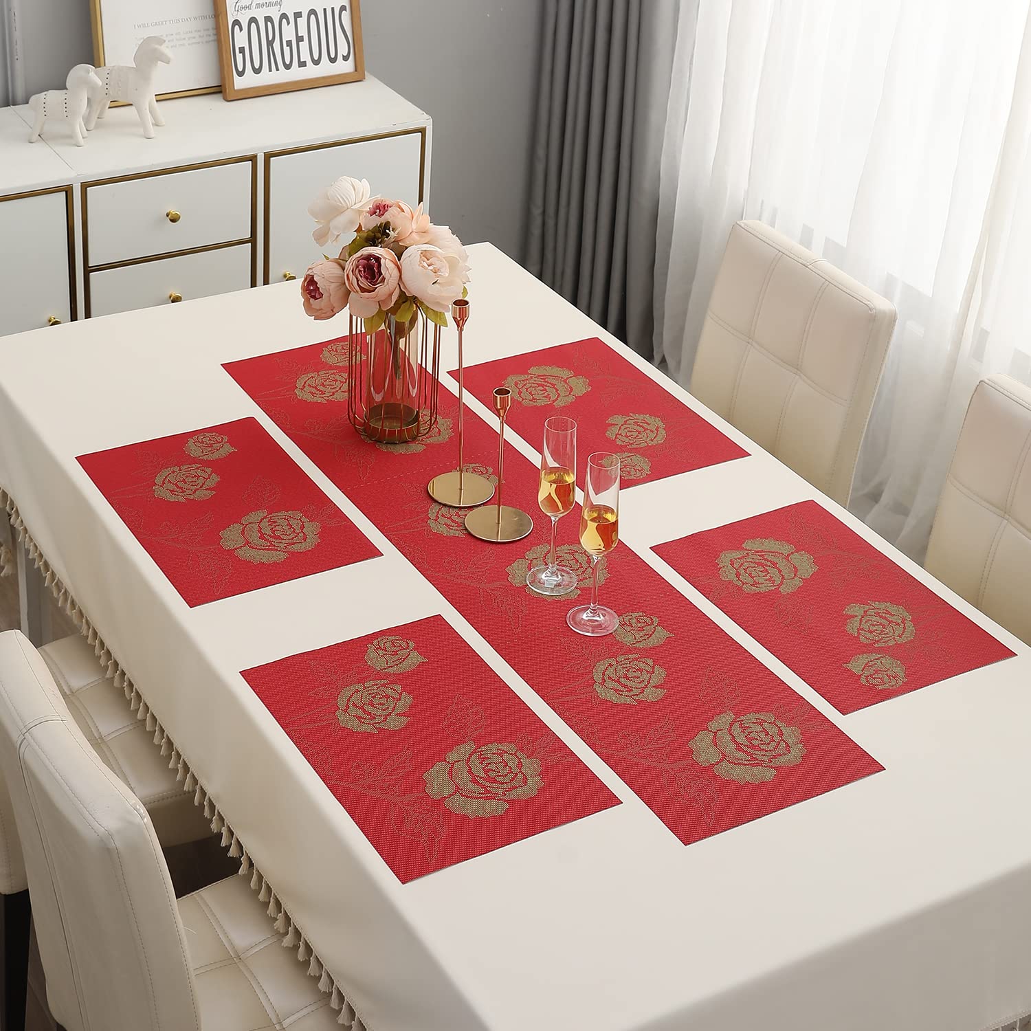 Hokipo Pvc 4 Placemats With Table Runner, Dining Table Mats, Ar2360 Red