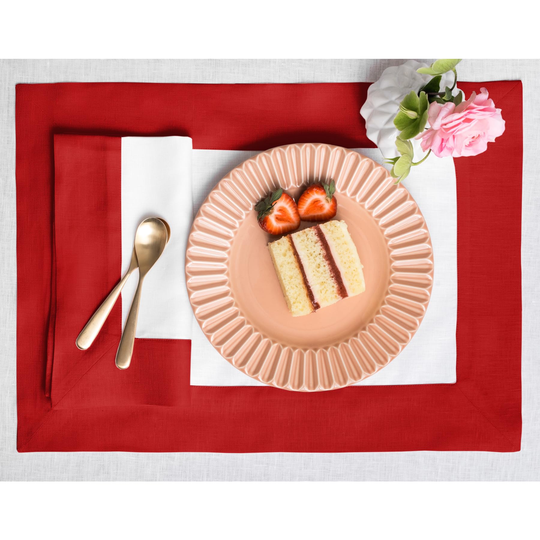 Solino Home Linen Placemats Set Of 4-100% Pure Linen Cloth Fabric Placemats Red And White - 19'' L X 14'' W Inch Washable Dining
