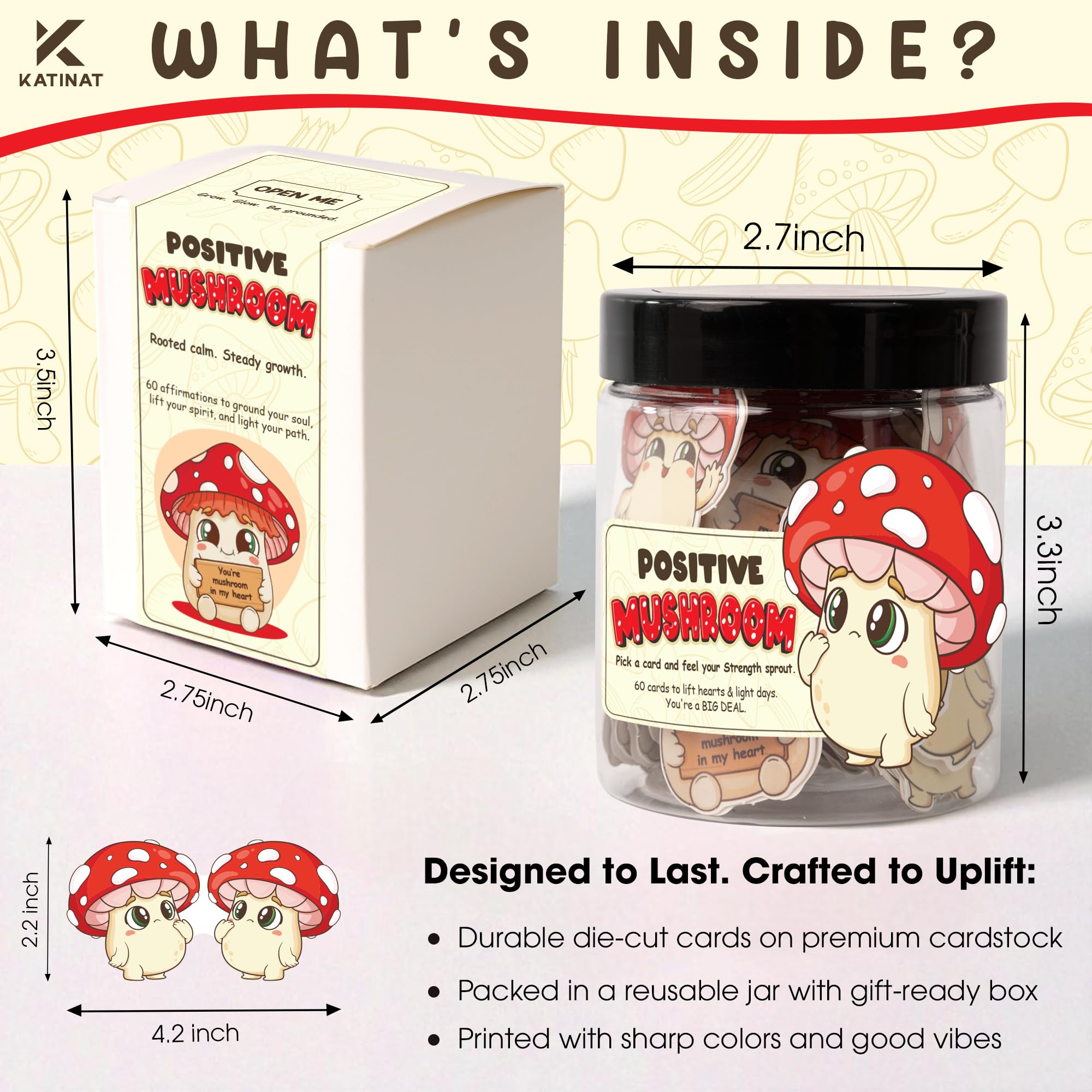 Mushroom Gifts for Women - 60 Positive Mushroom Jar, Daily Affirmation Cards For Womens, Girls - Emotional Support Mushroom - Bi