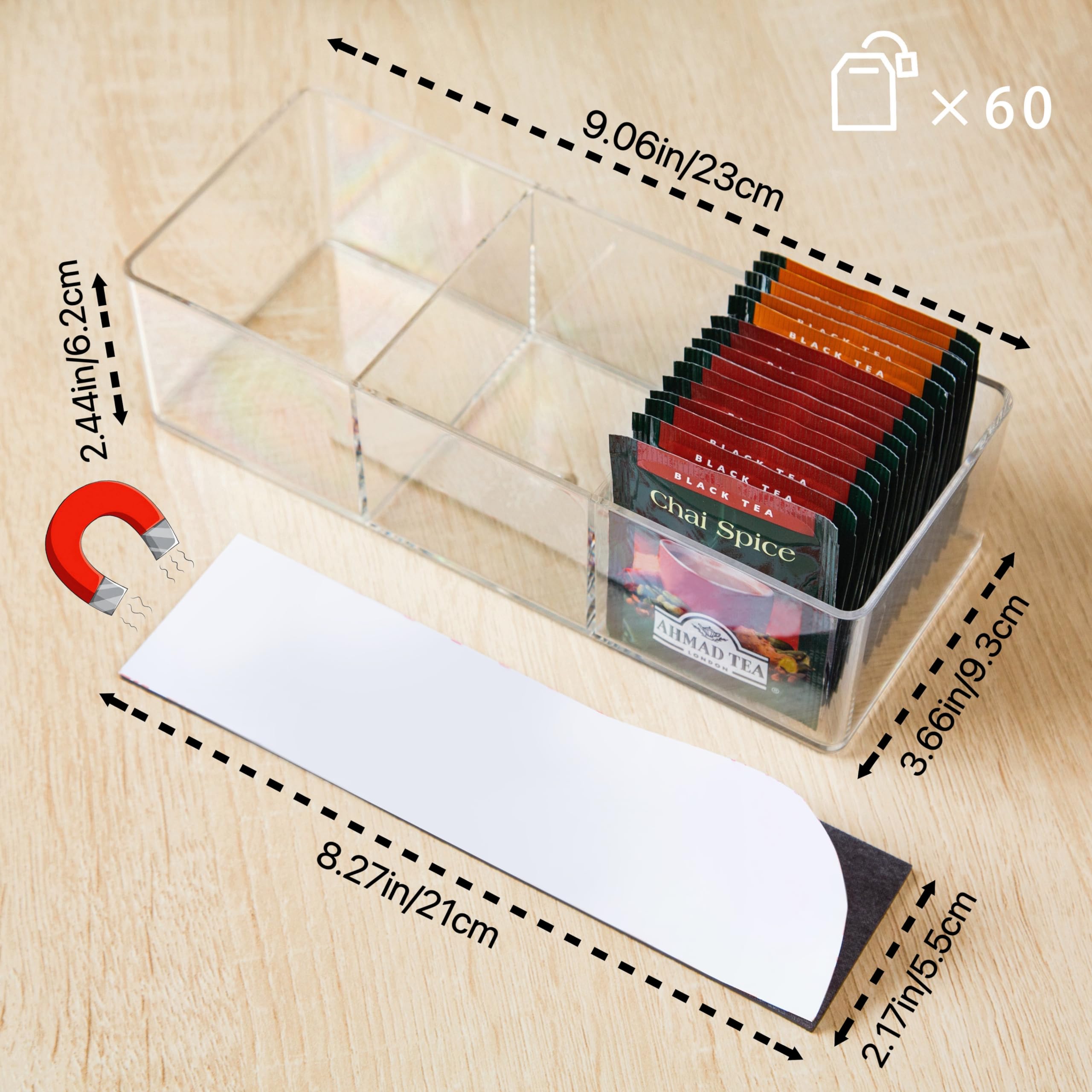 Telkeen Magnetic Tea Bag Organizer Holds Up To 60 Tea Bags, Tea Organizer With 3 Compartments, Extra Strong Magnetic Fridge Tea