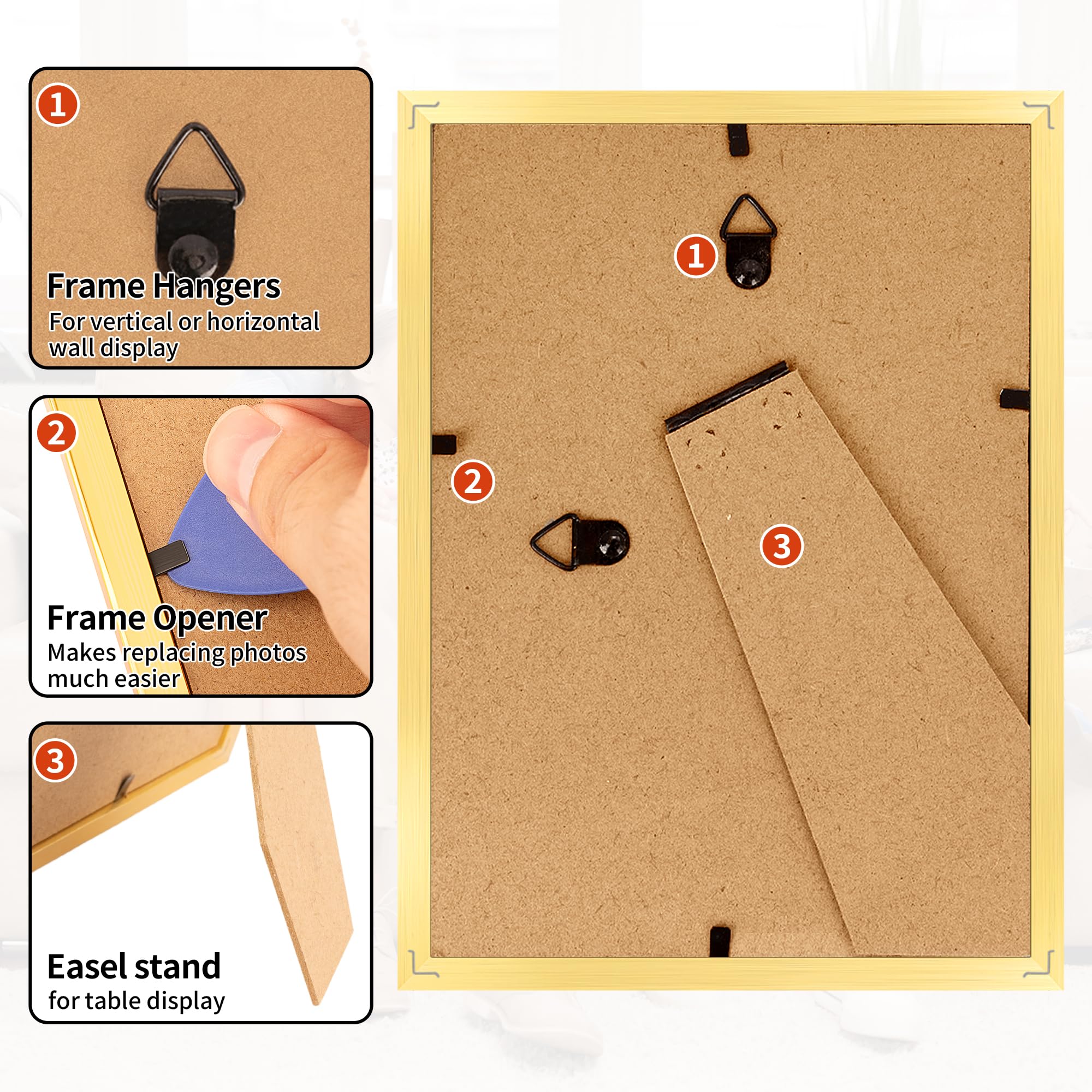 HOMERHYME 5x7 Picture Frames 8 Pack, Gold Frames for Wall or Tabletop Display, Photo Frame Collage with HD Plexiglass for Home O