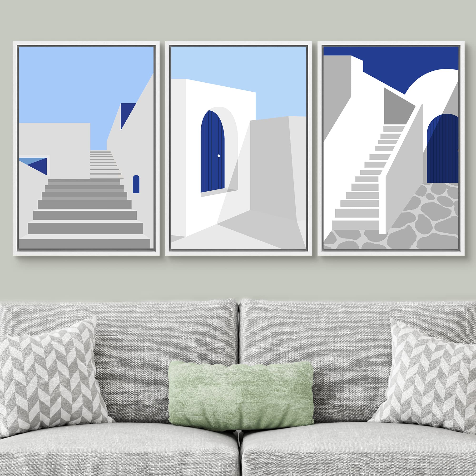 Signwin Framed Canvas Print Wall Art Set Mediterranean Blue White Architecture Places Country Illustrations Modern Bohemian Scen
