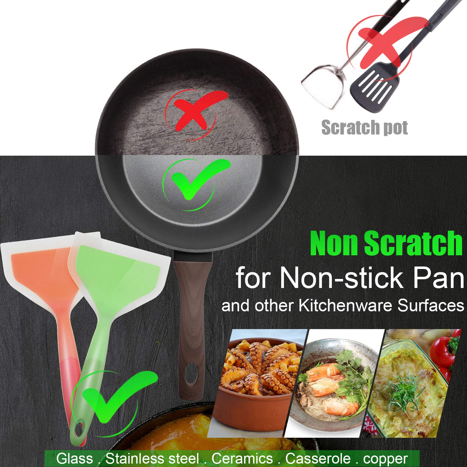Shappy 2 Pcs Wide Silicone Spatula Tamagoyaki Spatula Shovel Turner Nonstick Fried Shovel Fish Spatula Silicone Wide Flexible Tu