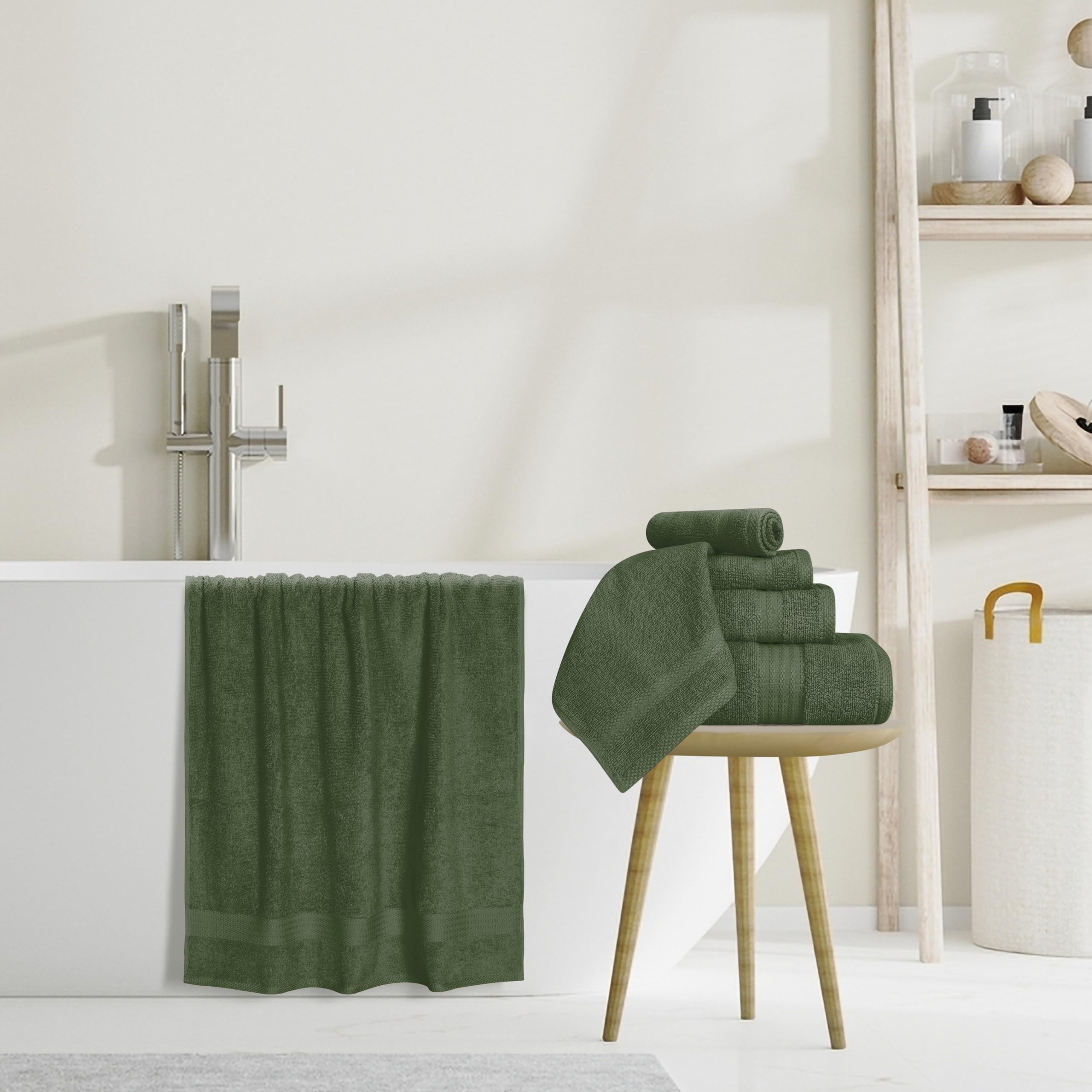 GLAMBURG Ultra Soft 8-Piece Towel Set - 100% Pure Ring spun Cotton  Contains 2 Oversized Bath Towels 27x54  2 Hand Towels 16x28  4 Wash Cloths 13x13 - Ideal for Everyday use  Hotel & Spa - Olive Green