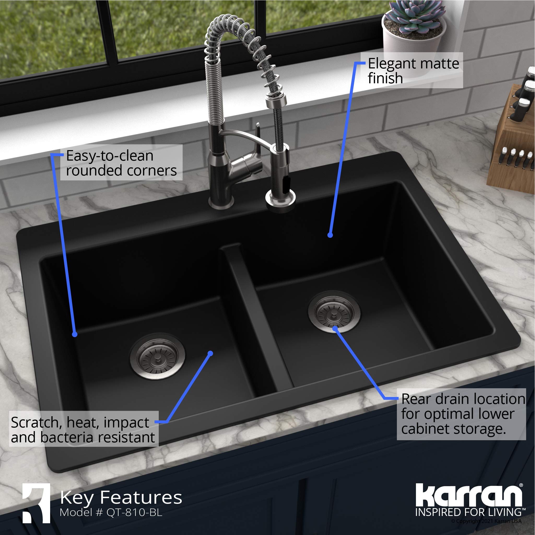 Karran Qt-810 33'' Top Mount Double Equal Bowl Quartz Kitchen Sink In Black