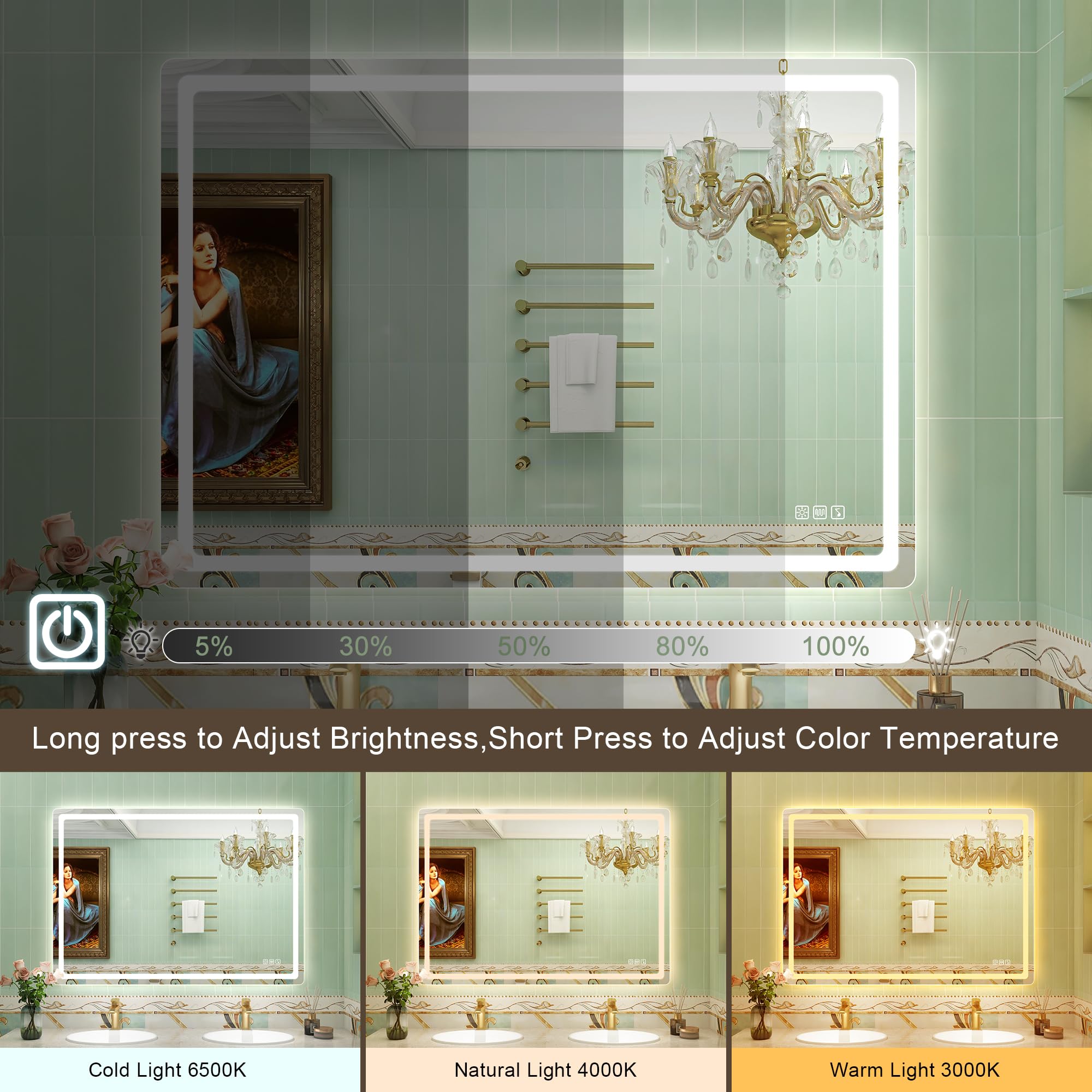 Led-Bathroom-Mirror-With-Lights, 40''X28'' Wall-Mounted With 3 Colors Dimmable Light, Bluetooth Speaker, Anti-Fog, Memory, Tempe