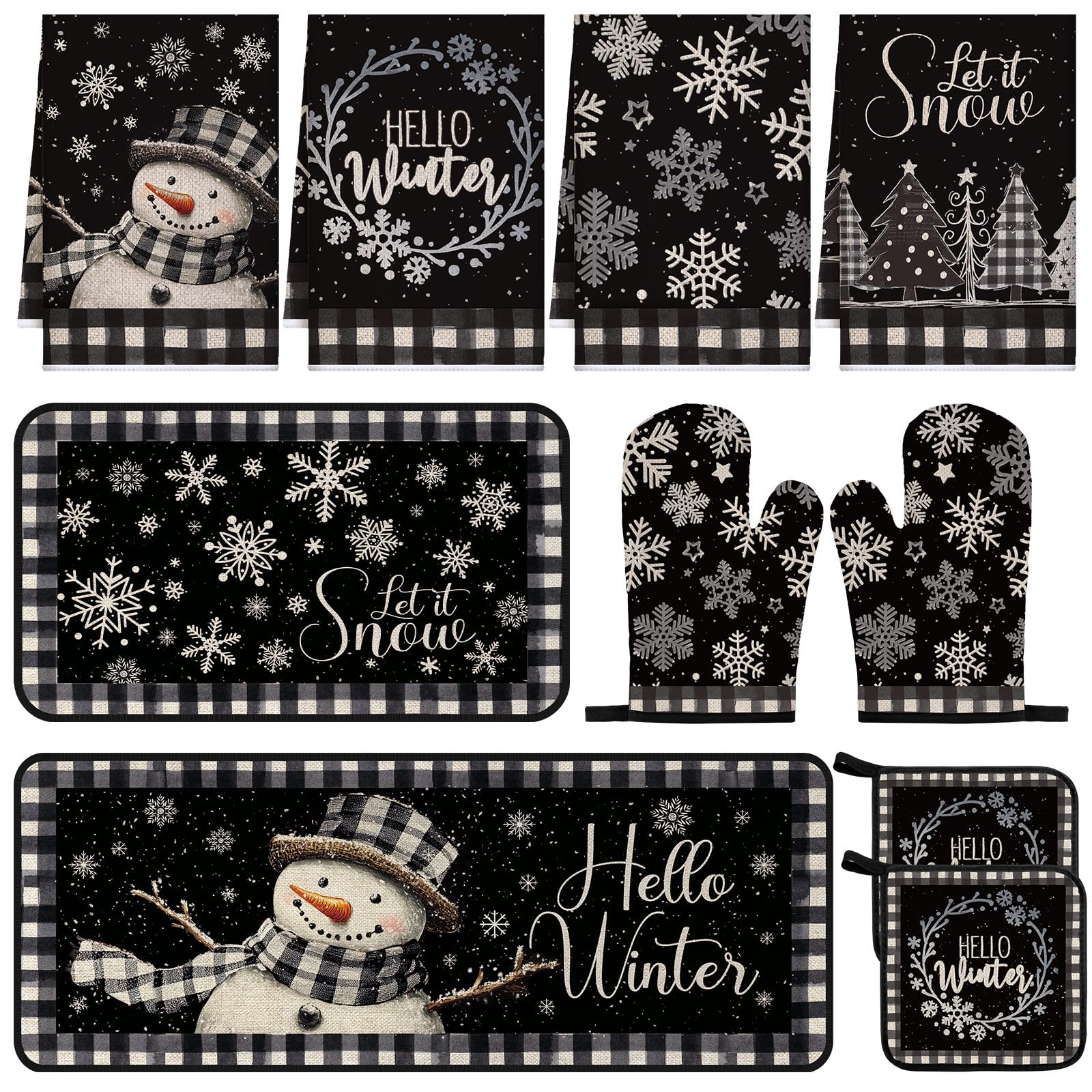Fanfanwin 10 Pcs Winter Oven Mitts Pot Holders Kitchen Rug and Towel Set Absorbent Towels for Baking Cooking BBQ Gifts Kitchen D