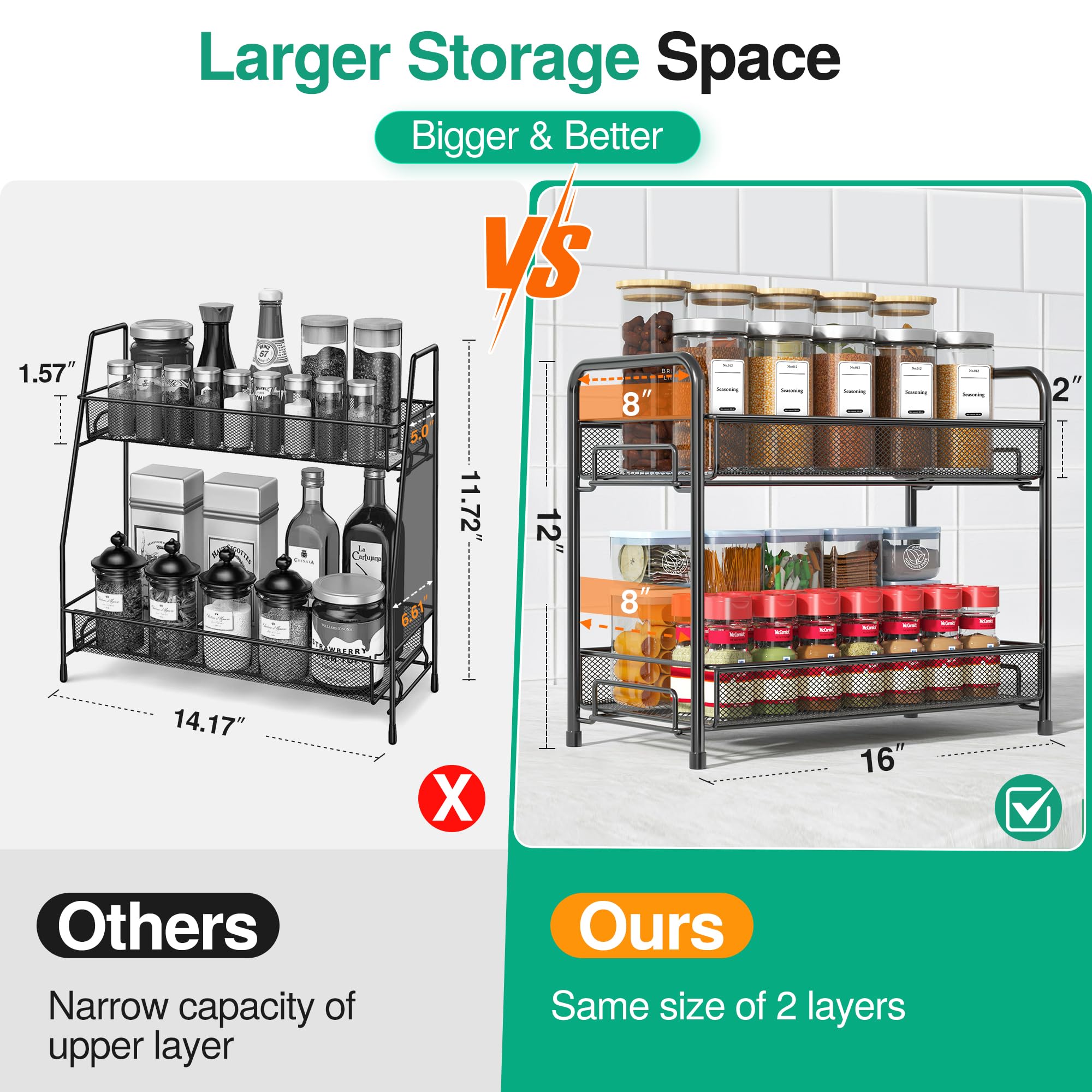 Spice Rack Organizer for Countertop,Xpatee 2-Tier Foldable Metal Rust-Proof Standing Large Seasoning Storage Shelf with Guardrai