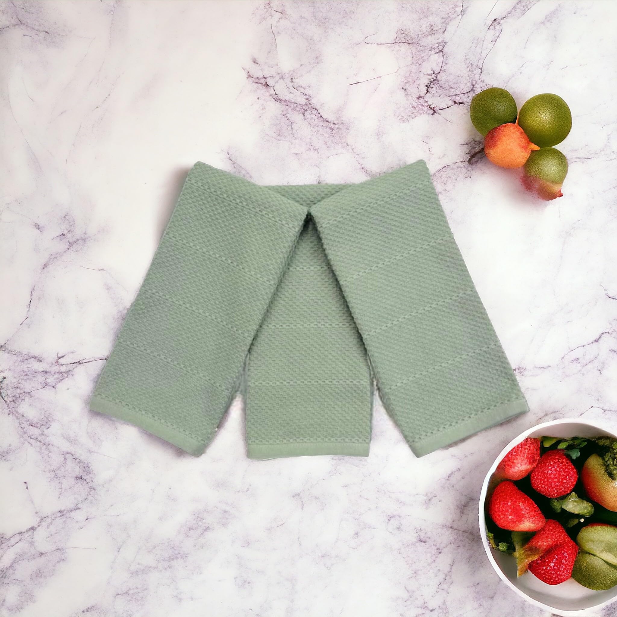 Sage Green Kitchen Dish Towels: 100% Cotton Cloth Soft Cleaning Drying Absorbent Textured Terry Loop, Set Of 3 Multipurpose For