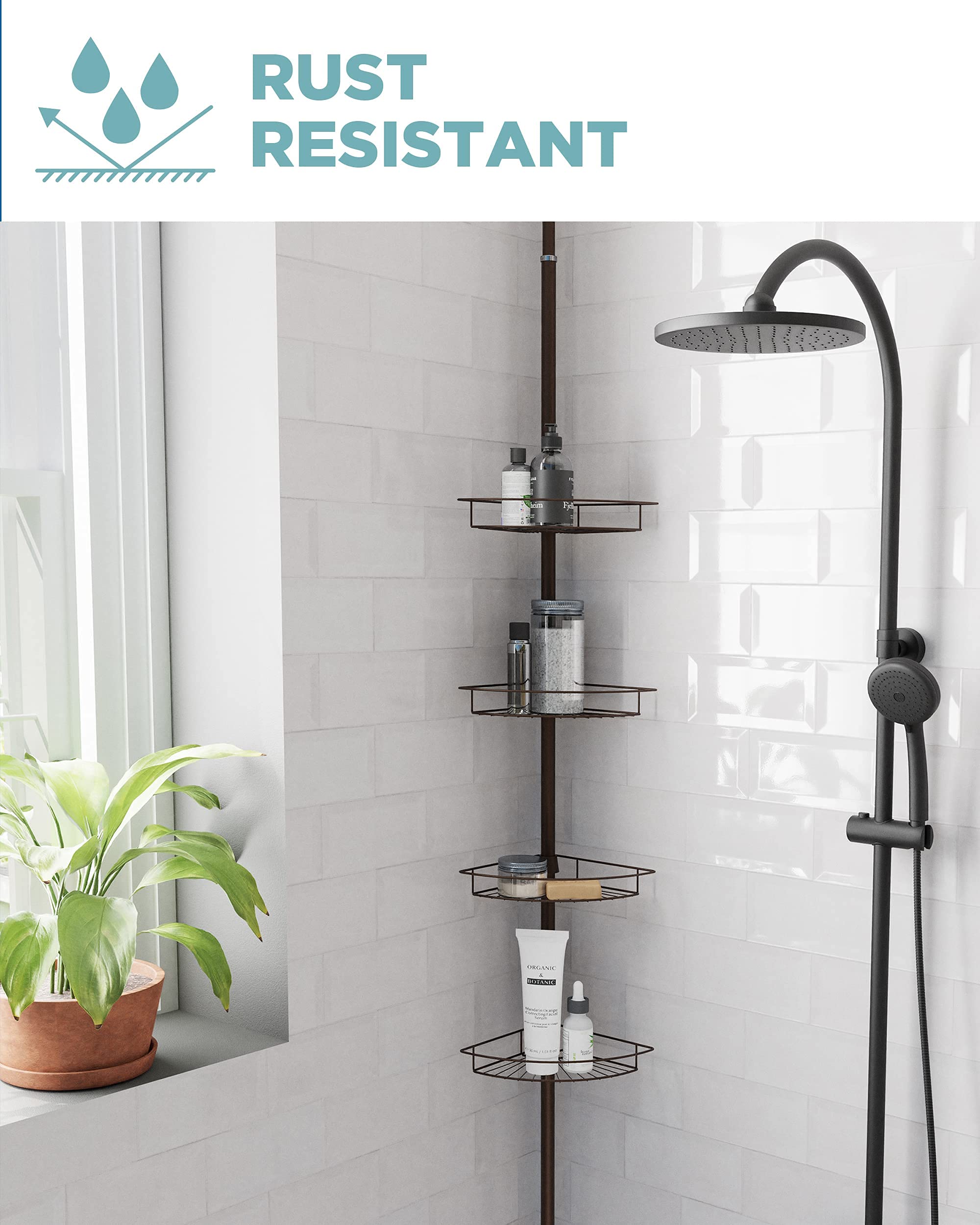 Zenna Home Rust-Resistant Corner Shower Caddy For Bathroom, 4 Adjustable Shelves And Towel Bar, With Tension Pole, For Bath And
