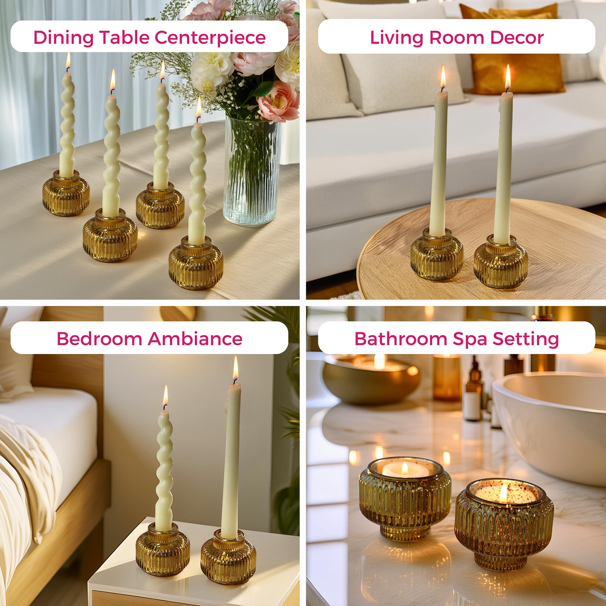 Kate Aspen Taper Candle Holders for Candlesticks, Ribbed Glass Gold Candle Holders Set of 4, Retro Candlestick Stand Decor, Voti