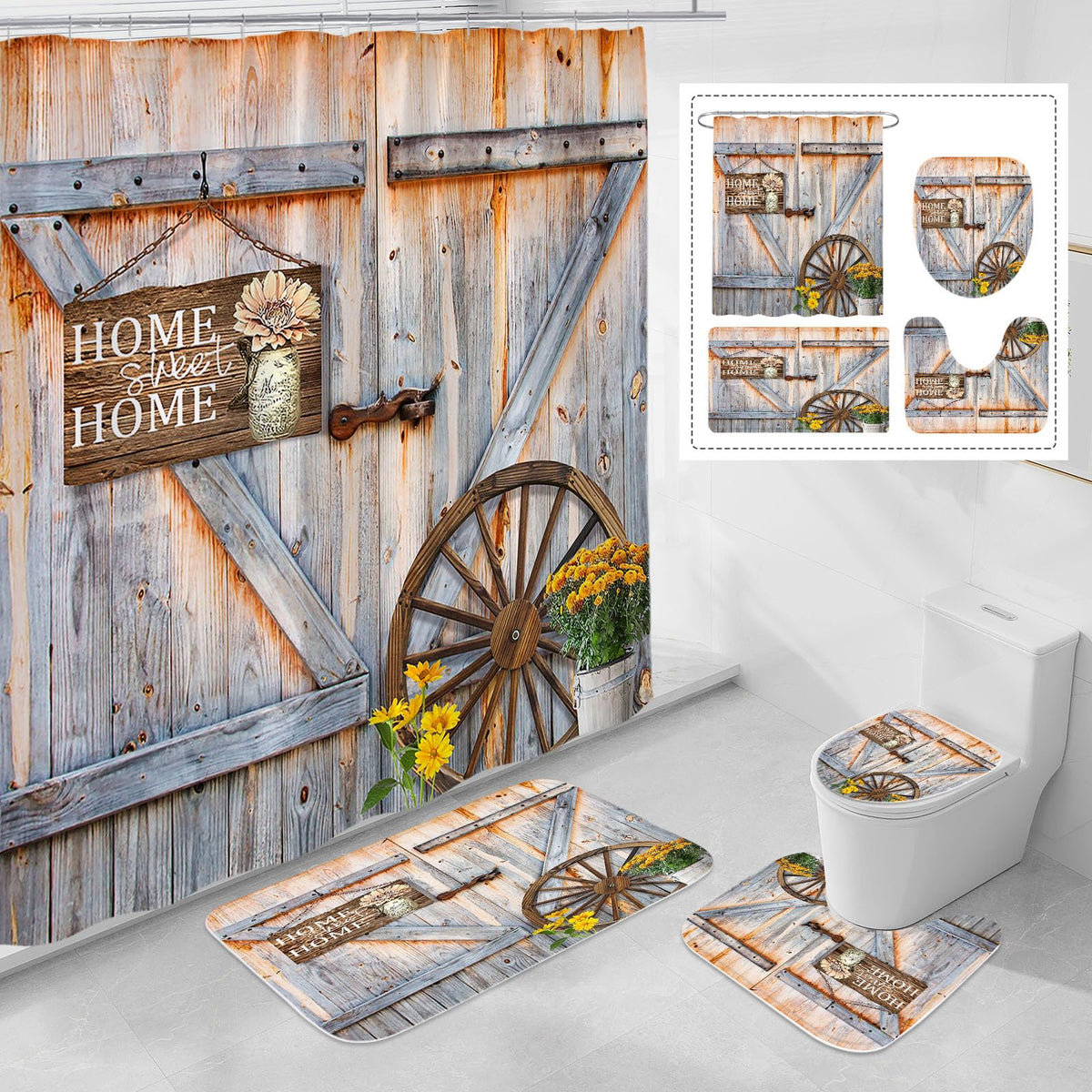 Litabel 4 Pcs Rustic Farmhouse Door Shower Curtain Set With Non-Slip Rugs, Toilet Lid Cover And Bath Mat, Countryside Flowers Ba