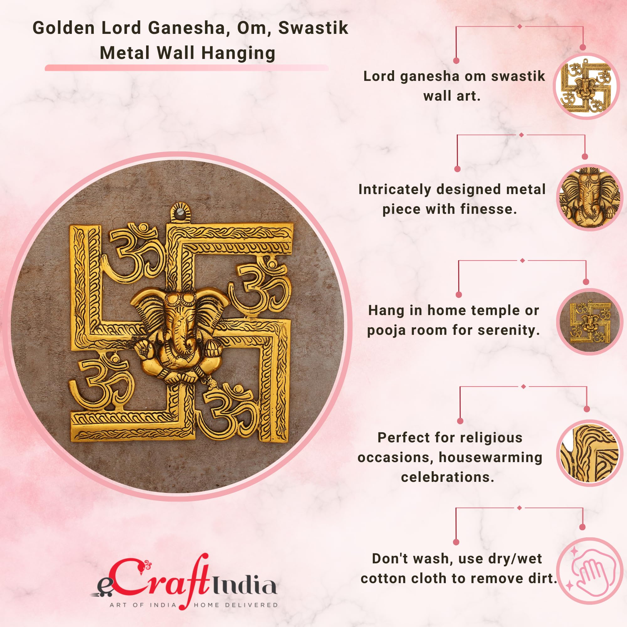 Ecraftindia Lord Ganesha On Om Swastik Metal Golden Wall Hanging