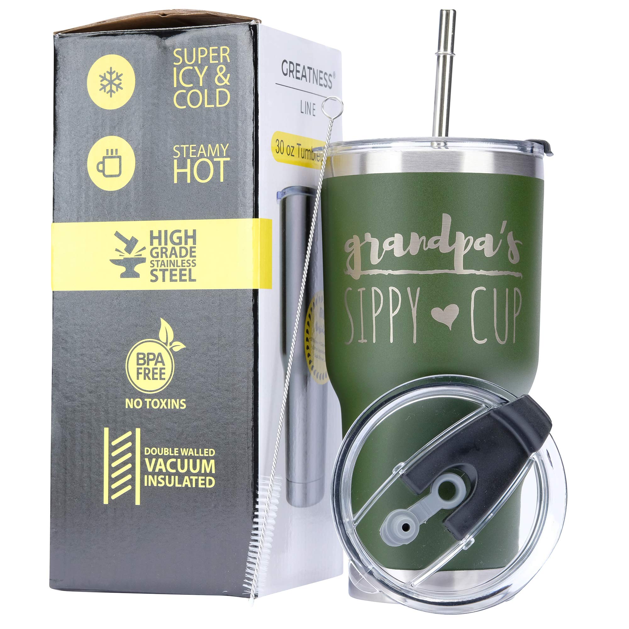 Greatness Line Grandpa'S Sippy Cup 30 Oz. Army Green Stainless Steel Tumbler Powder Coating Laser Etched Grandpa Gift Idea