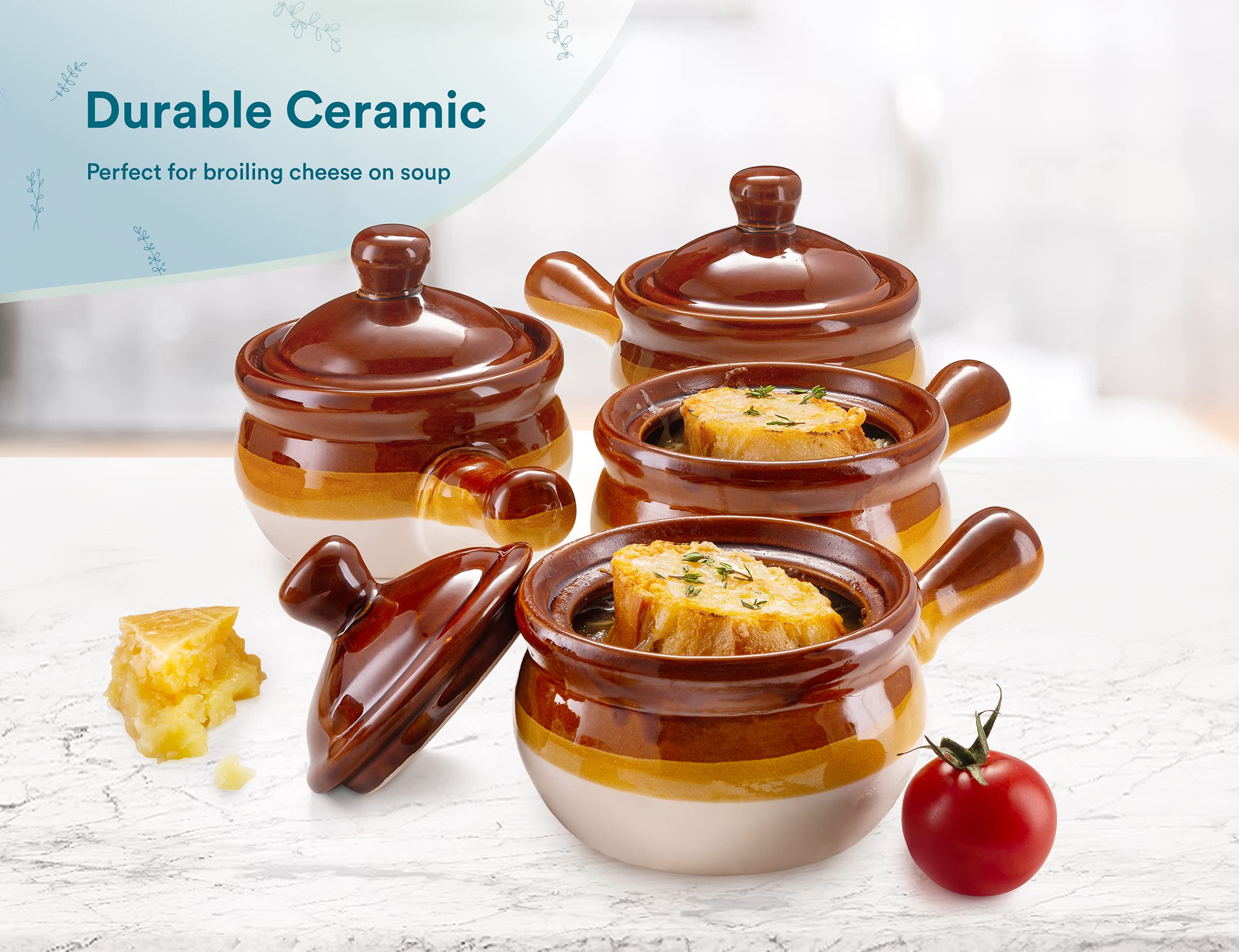 Kook French Onion Soup Crocks With Lids, Ceramic Bowls, Large Handles, Dishwasher, Microwave, Oven & Broil Safe, Brown/White, Se