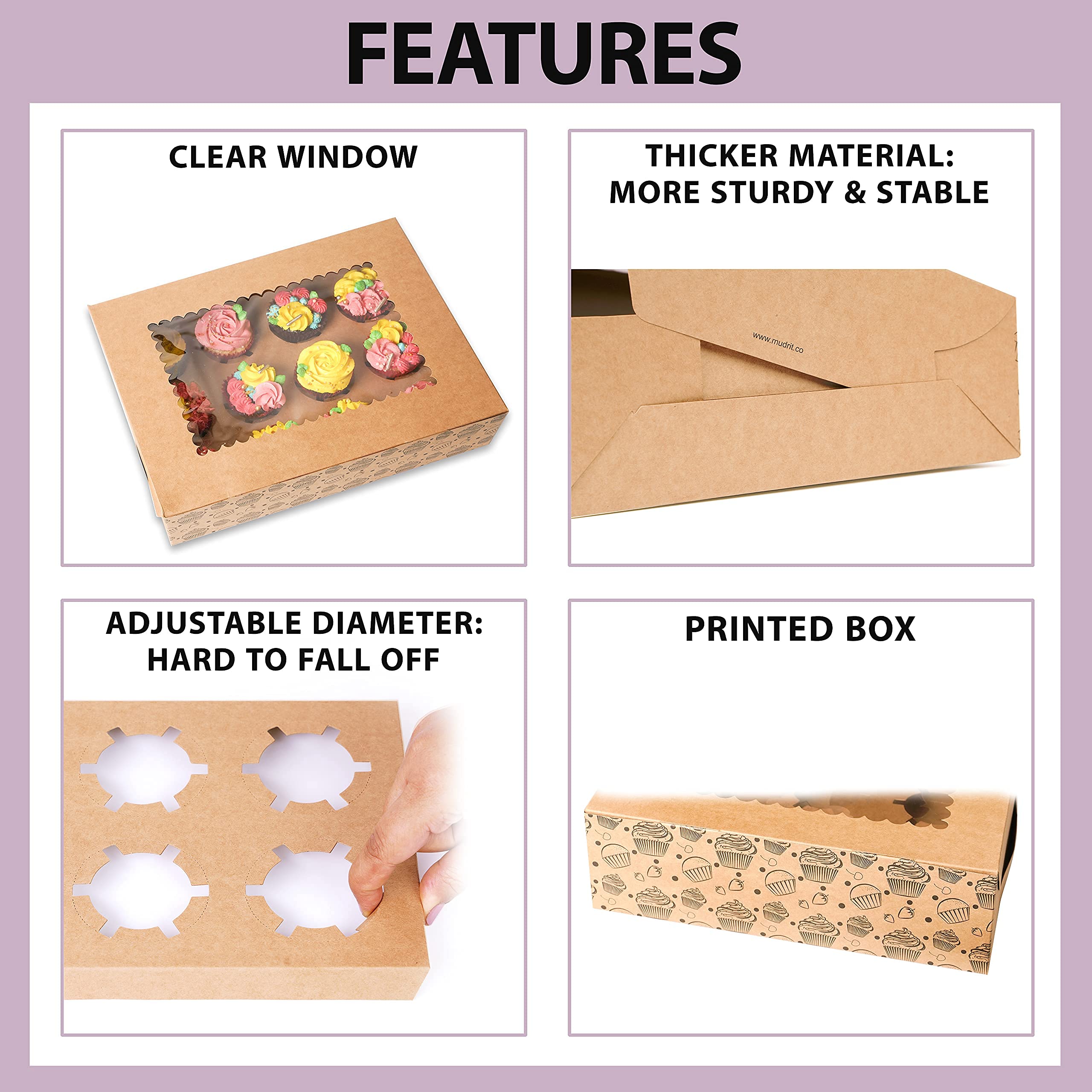 Mudrit (10-Pack) Cupcake Boxes Bulk | Cupcake Holder With Lid | Disposable Cupcake Containers | Food Grade Kraft Bakery Boxes Wi