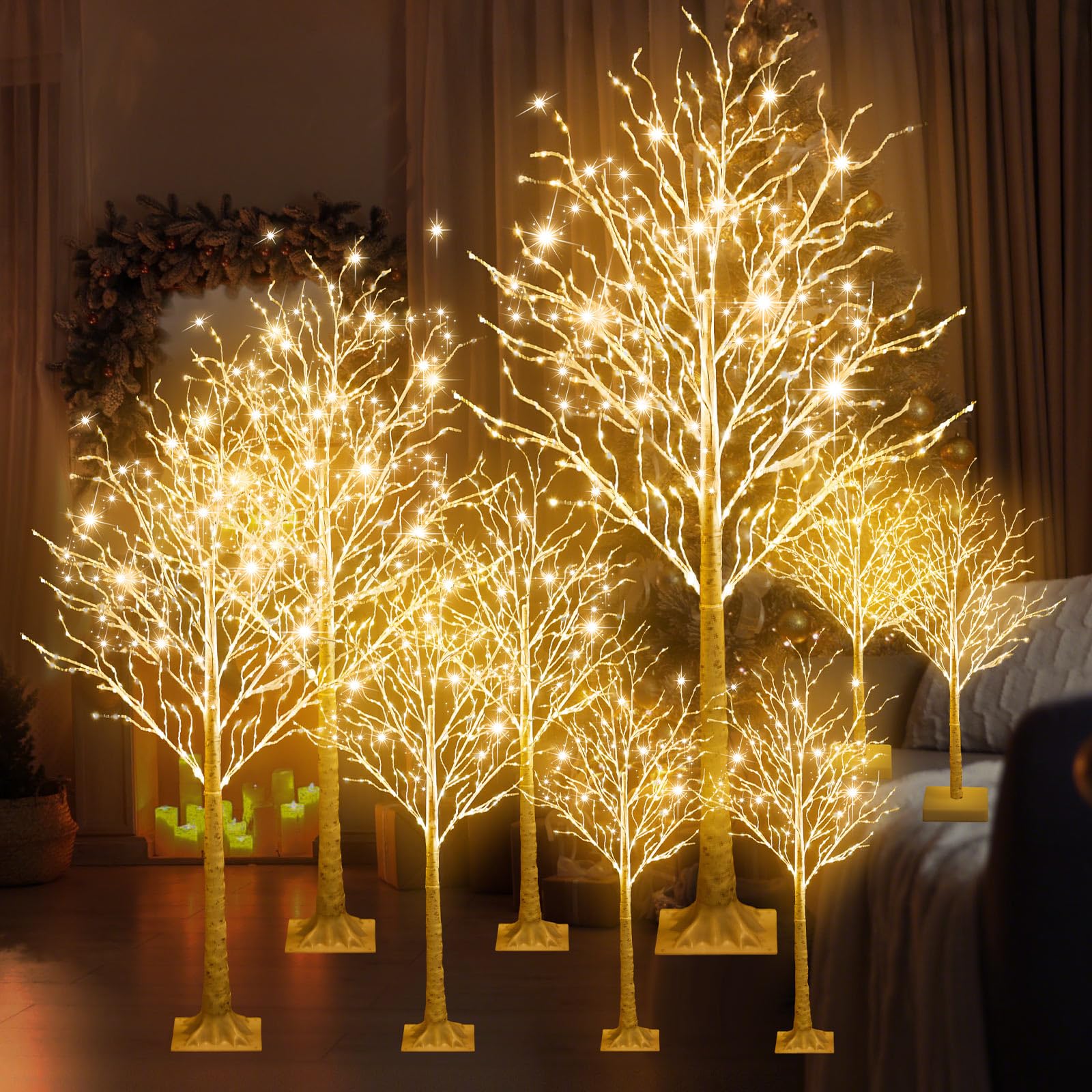 Aurelema 9 Pcs Lighted Birch Tree 8 Modes Christmas Artificial LED Warm White Lights Birch Tree for Indoor and Outdoor Home Deco