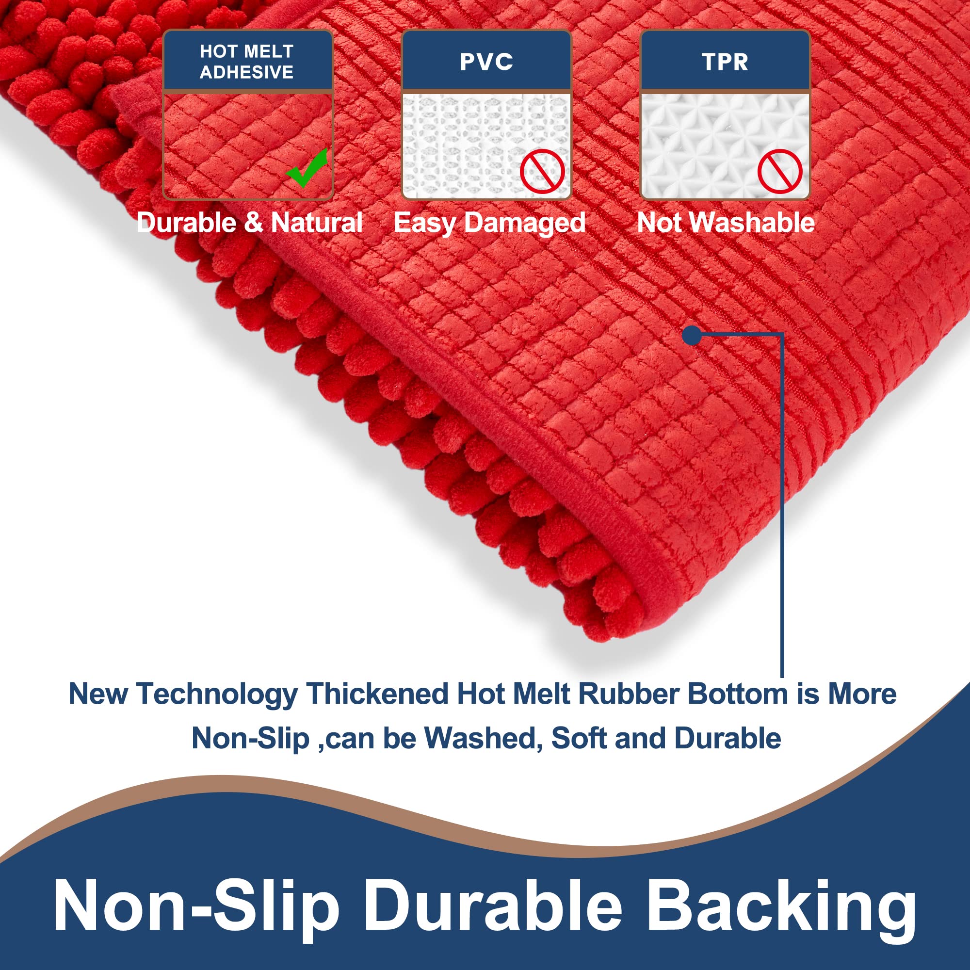 Floleopa Non Slip Thick Shaggy Chenille Red Bathroom Rug Sets 2 Piece, Thickened Hot Melt Rubber Bottom Bath Mats For Bathroom,