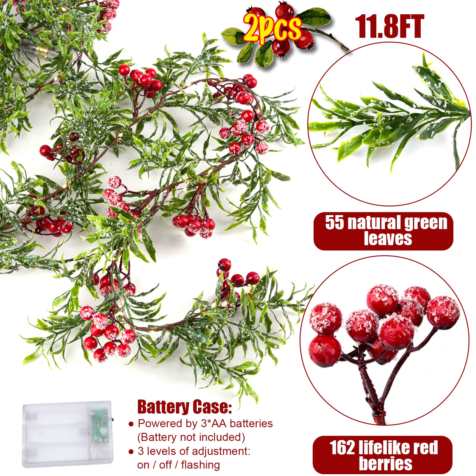 2 Pack Artificial Christmas Garland String Lights with 162 Snowy Red Berries 55 Green Leaves 20 LED Lights Battery Operated for