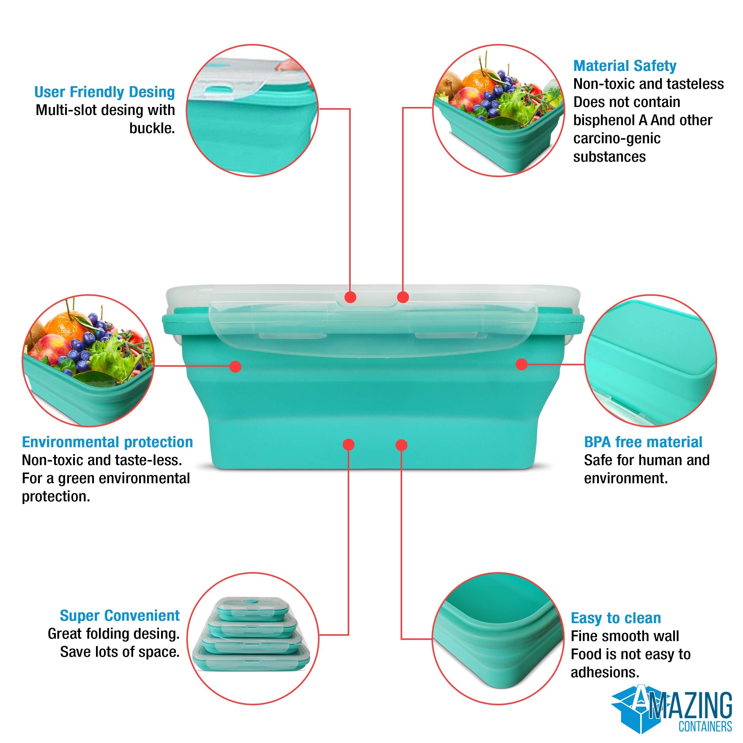 Amazing Containers Collapsible Silicone Food Storage Container Set Of 4 With Lids | Stackable | Microwaveable | Freezer, Dishwas