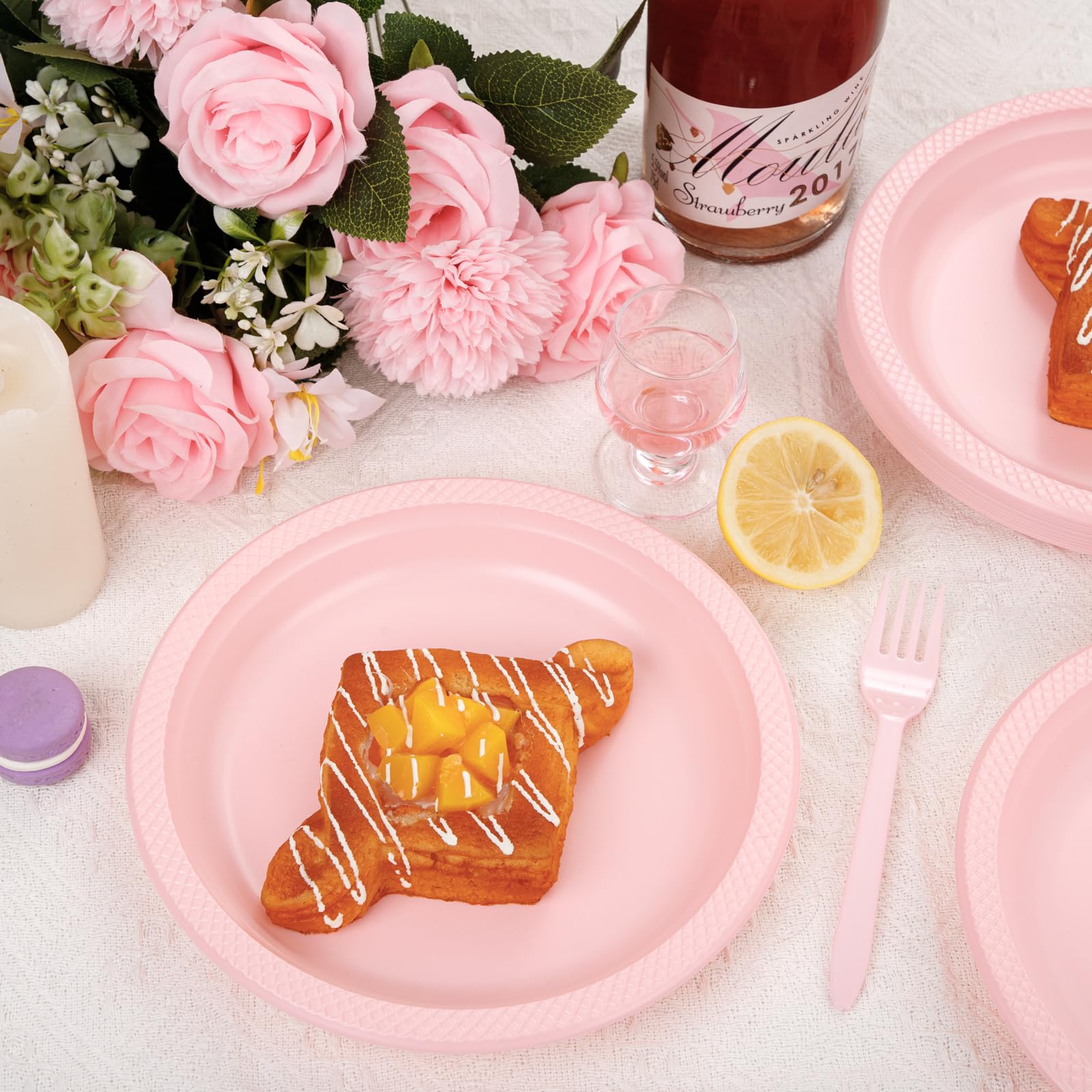 Wellife Pink Plastic Plates 9 Inch -150 Count For Party, Disposable Plastic Party Plates For Valentine'S Day Easter Baby Shower