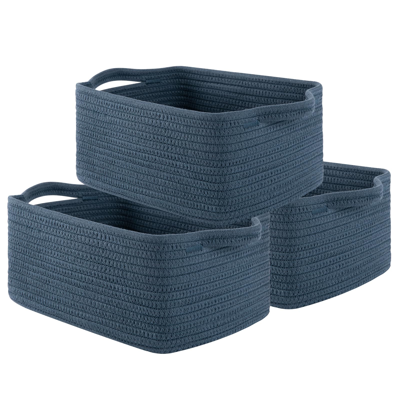 Oiahomy Cotton Rope Woven Baskets For Storage, Nursery Rectangle Storage Basket With Handles For Shelves, Pack Of 3, Blue